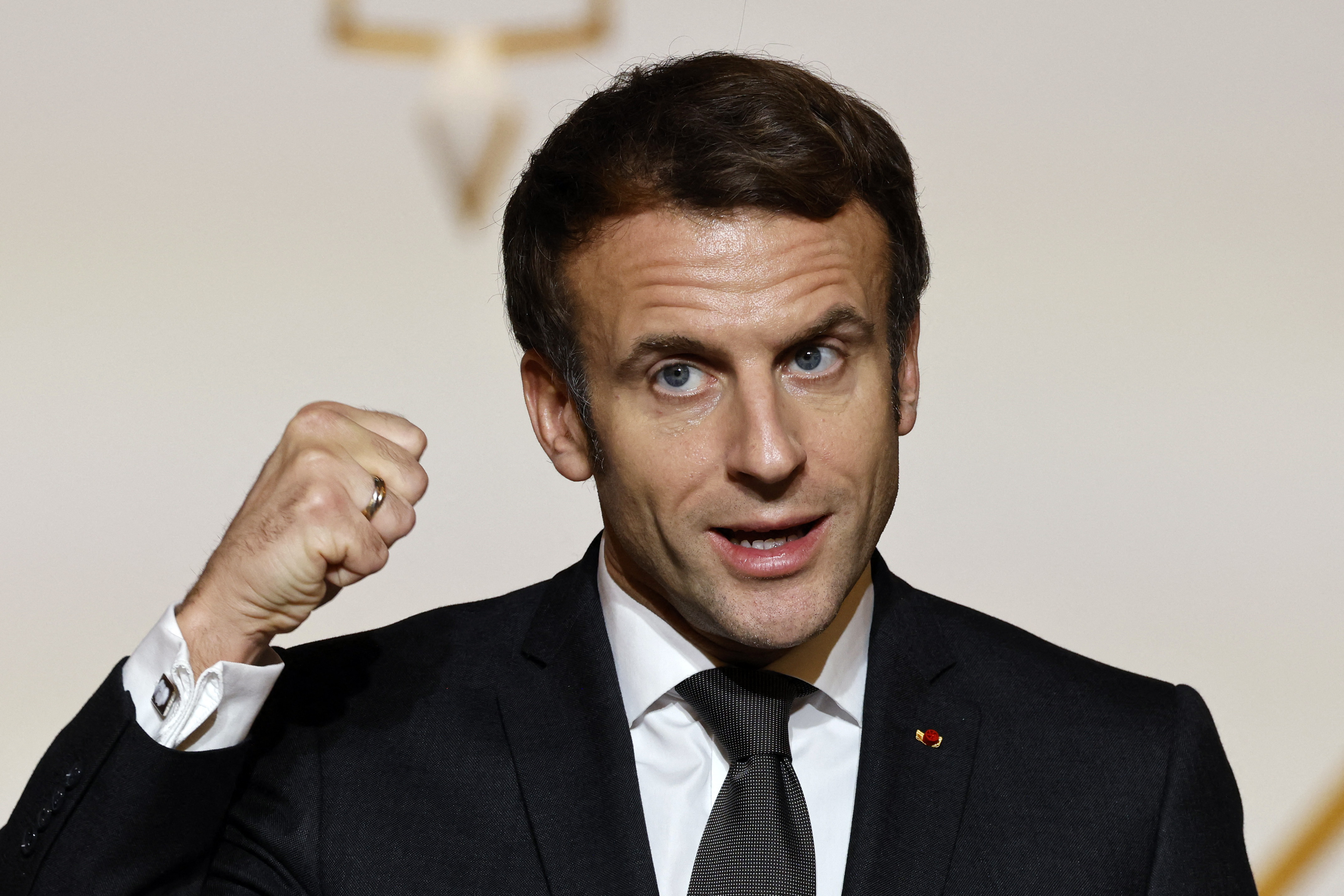 French President Emmanuel Macron delivers a speech during the presentation of the Epiphany cake and the Rabelais Youth Talent Awards ceremony, at the Elysee Palace in Paris, on January 12, 2022. - The Rabelais Prize rewards each year a person working to "enhance the food heritage". (Photo by Ludovic MARIN / various sources / AFP)