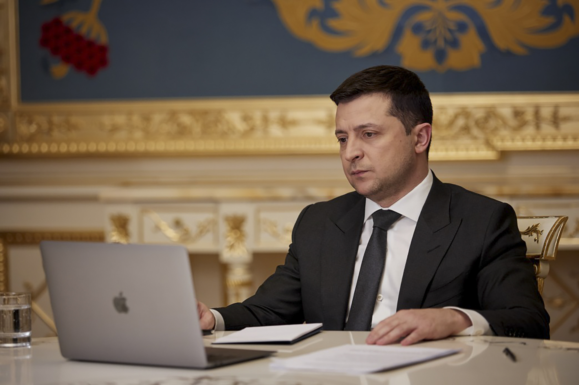 Ukrainian President Volodymyr Zelenskyy urged people to stay calm about the threat of a Russian attack [Ukrainian Presidential Press Office via AP Photo]