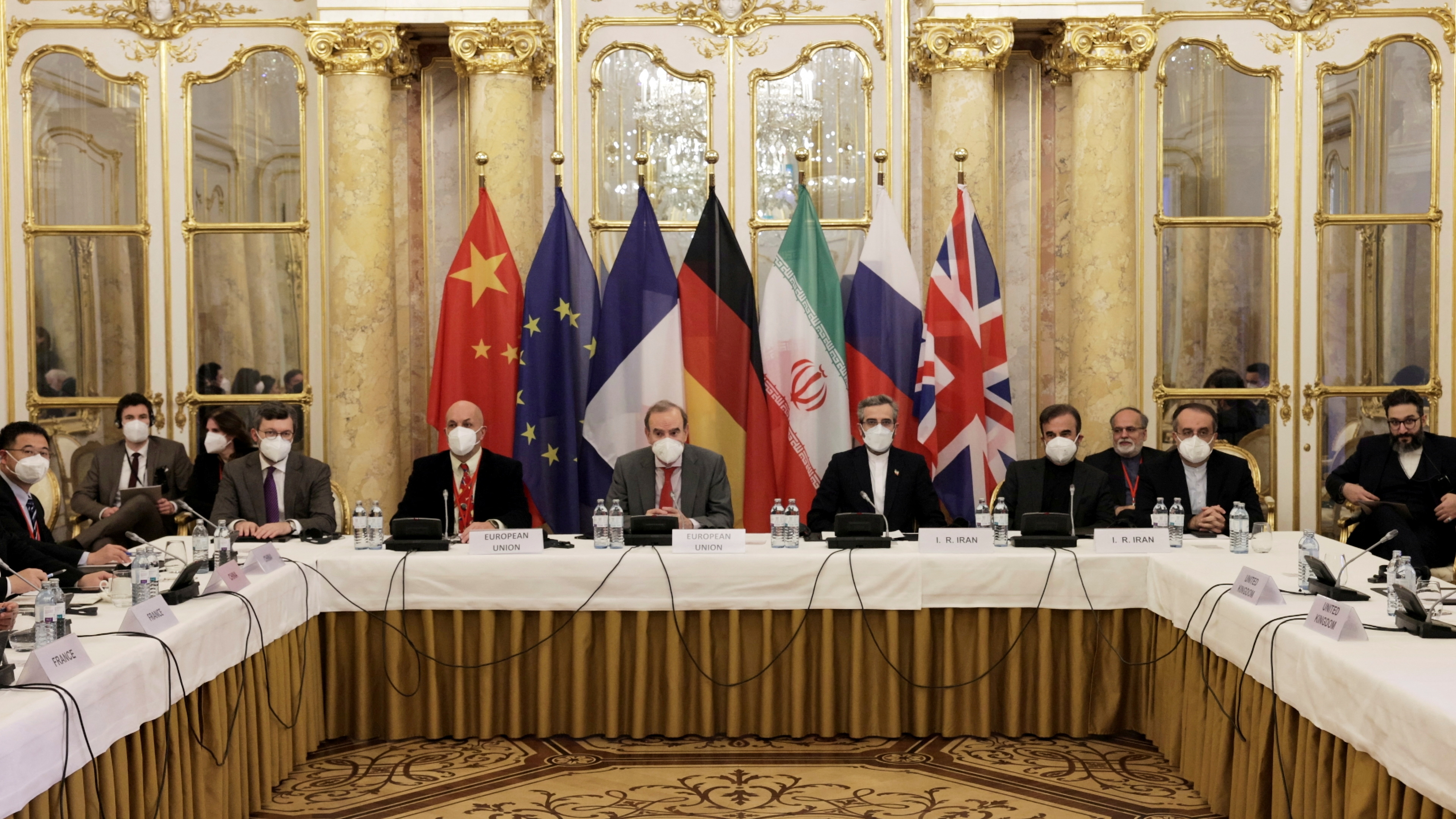Deputy Secretary General of the European External Action Service (EEAS) Enrique Mora and Iran's chief nuclear negotiator Ali Bagheri Kani and delegations wait for the start of a meeting of the JCPOA Joint Commission in Vienna, Austria December 17, 2021. EU Delegation in Vienna
