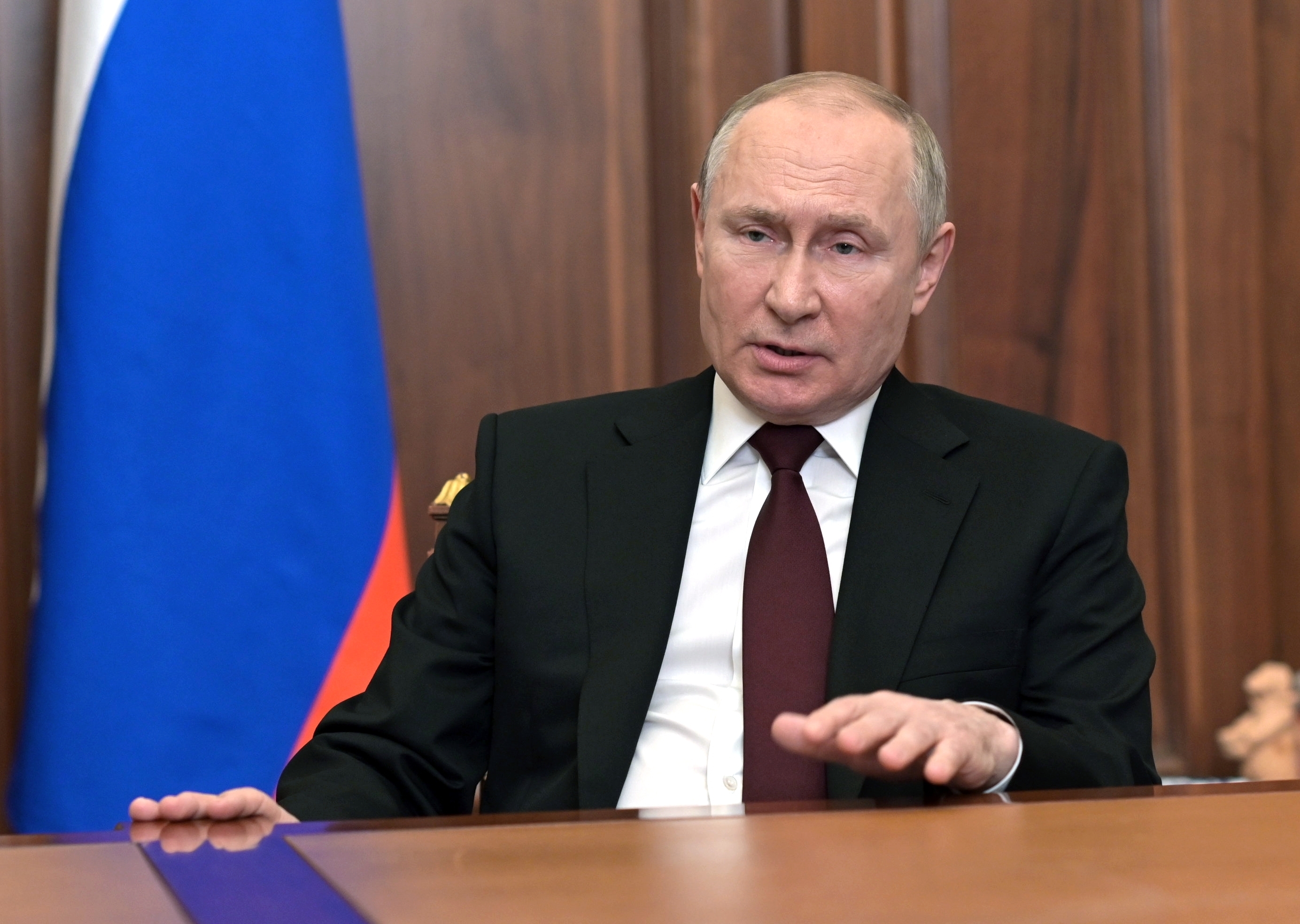Russian President Vladimir Putin addresses the nation in the Kremlin in Moscow