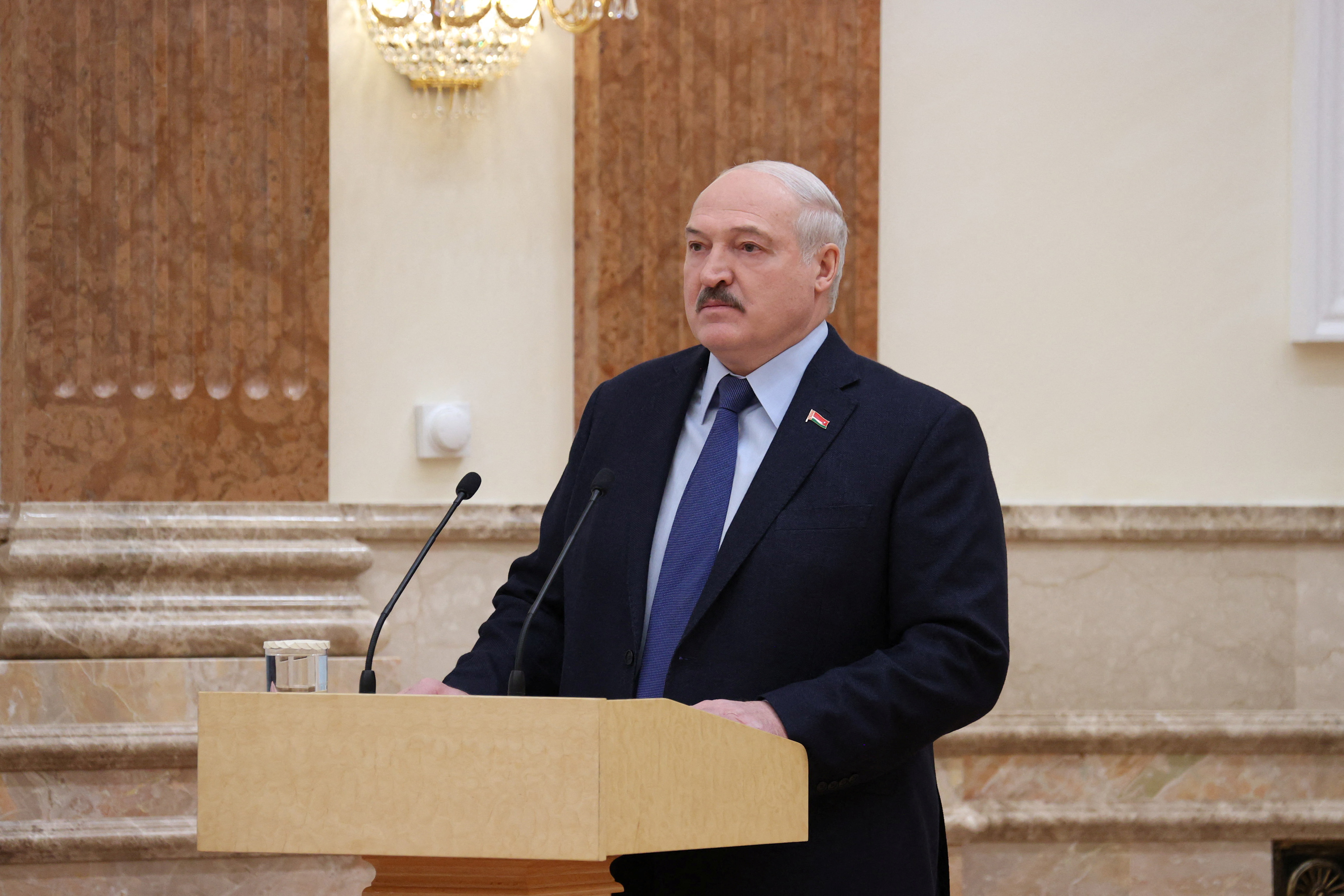 Belarusian President Alexander Lukashenko attends a meeting with members of the Council of Ministers and Security Council in Minsk, Belarus March 1, 2022. Nikolai Petrov/BelTA/Handout via REUTERS ATTENTION EDITORS - THIS IMAGE HAS BEEN SUPPLIED BY A THIRD PARTY. MANDATORY CREDIT. NO RESALES. NO ARCHIVES.