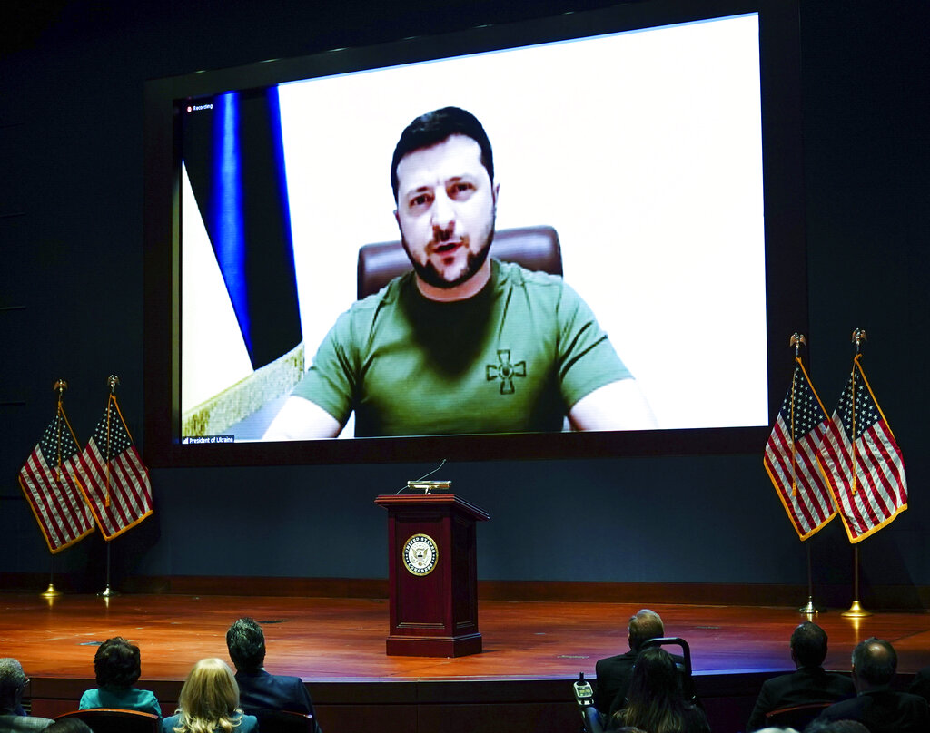 Ukrainian President Volodymyr Zelenskyy delivers a virtual address to Congress by video at the US Capitol in Washington, DC