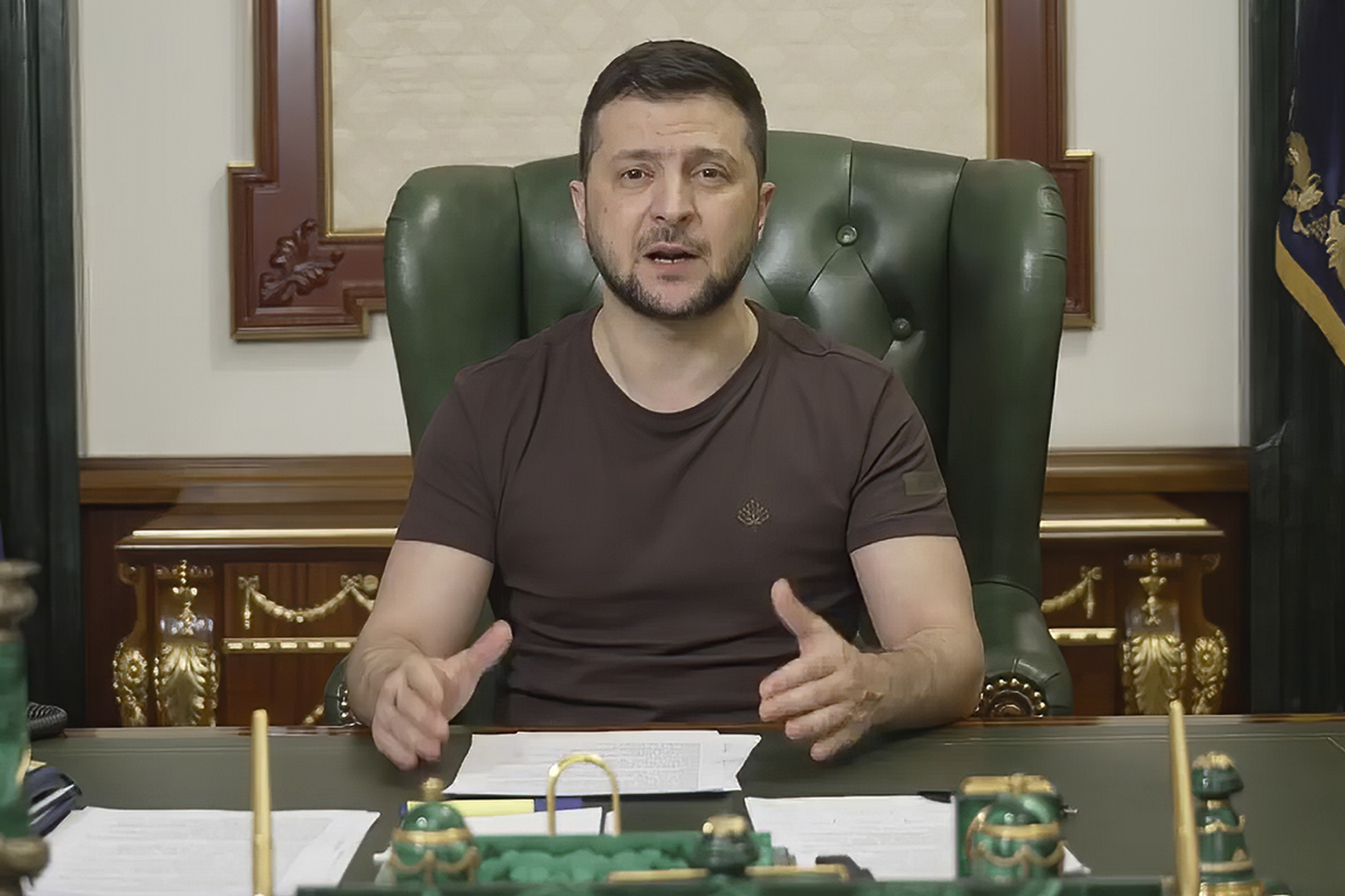 Ukrainian President seen as he speaks in Kyiv, Ukraine