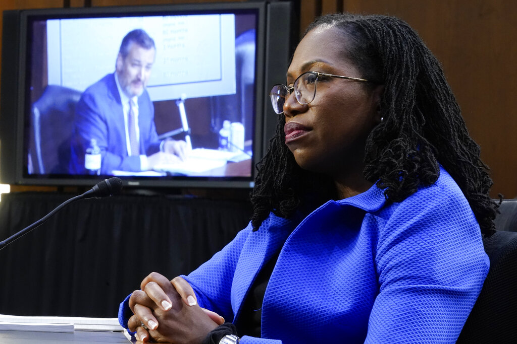 Supreme Court nominee Ketanji Brown Jackson listens as Republican Senator Ted Cruz on March 23