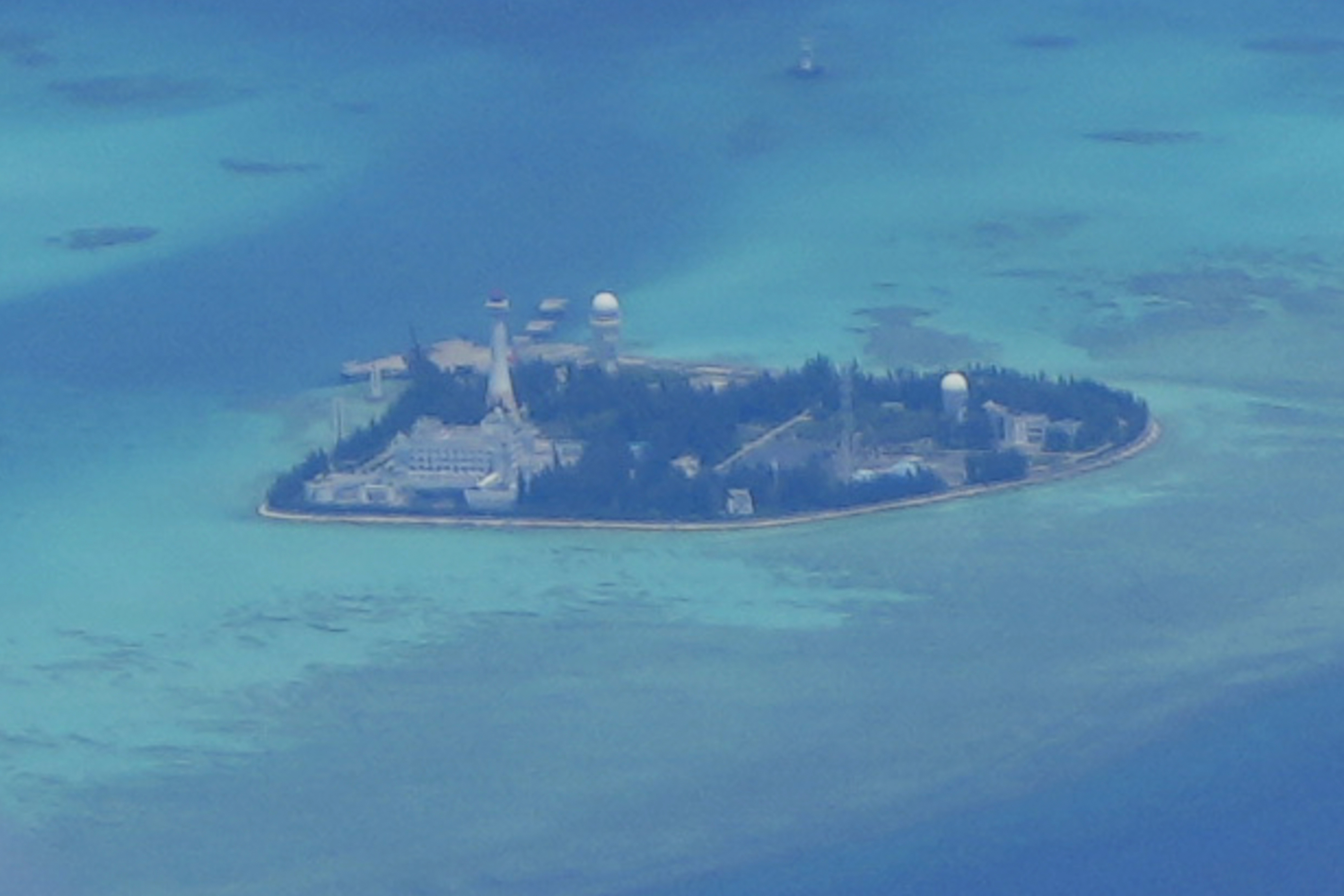 Chinese structures and buildings on the man-made island on Johnson Reef at the Spratlys group of islands in the South China Sea.