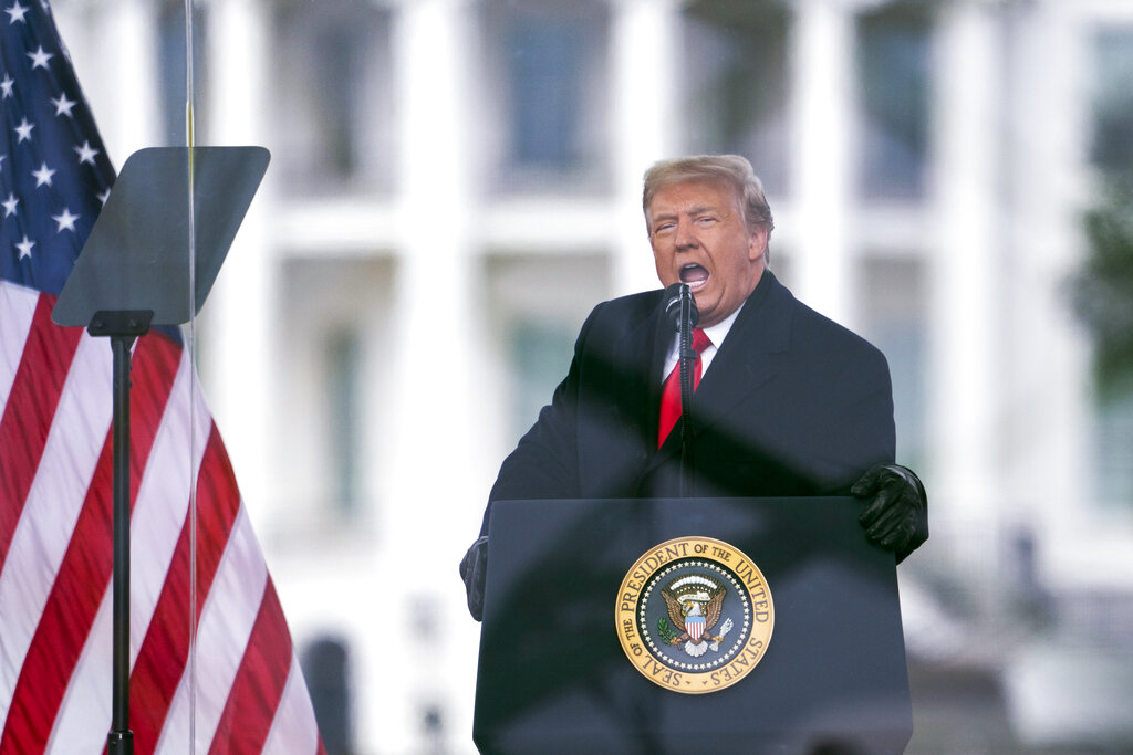 President Donald Trump speaks during a rally protesting the electoral college certification of Joe Biden as President in Washington on January 6, 2021.