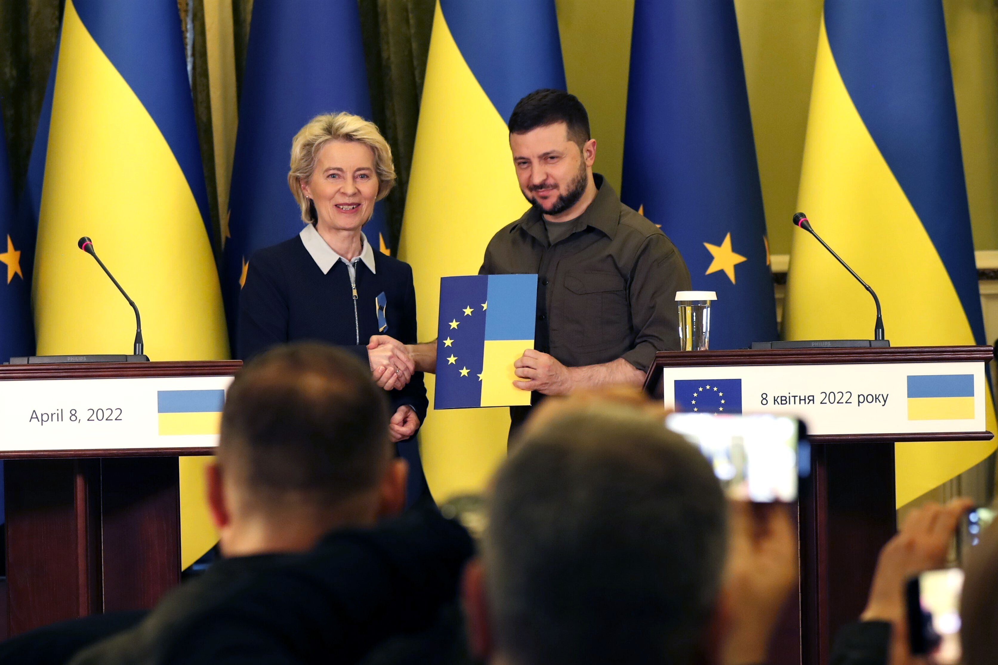 Ukrainian President Volodymyr Zelenskyy receives a questionnaire to begin the process for considering his country’s application for European Union membership from EU Commission President Ursula von der Leyen