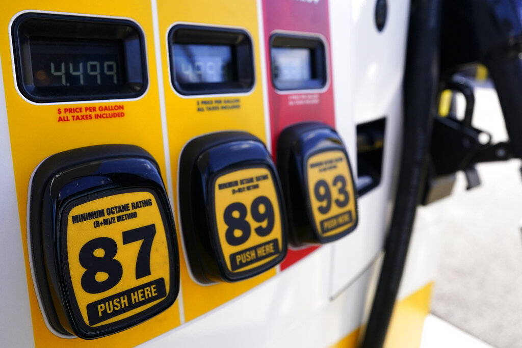 Gasoline prices approaching $5 a gallon are displayed at a gas station in Vernon Hills, Illinois.