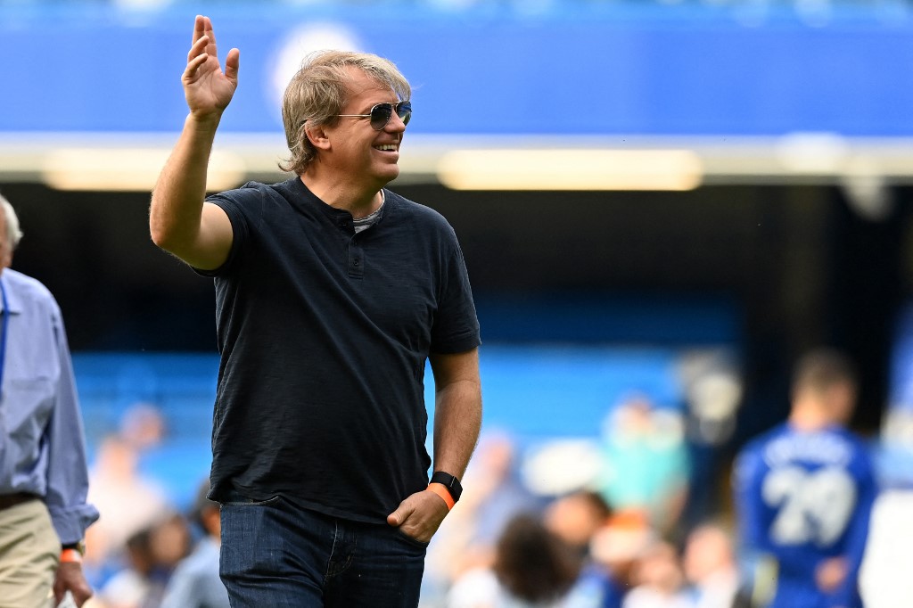 Chelsea’s prospective US owner Todd Boehly comes onto the pitch to join the lap of honour after the English Premier League football match between Chelsea and Watford at Stamford Bridge