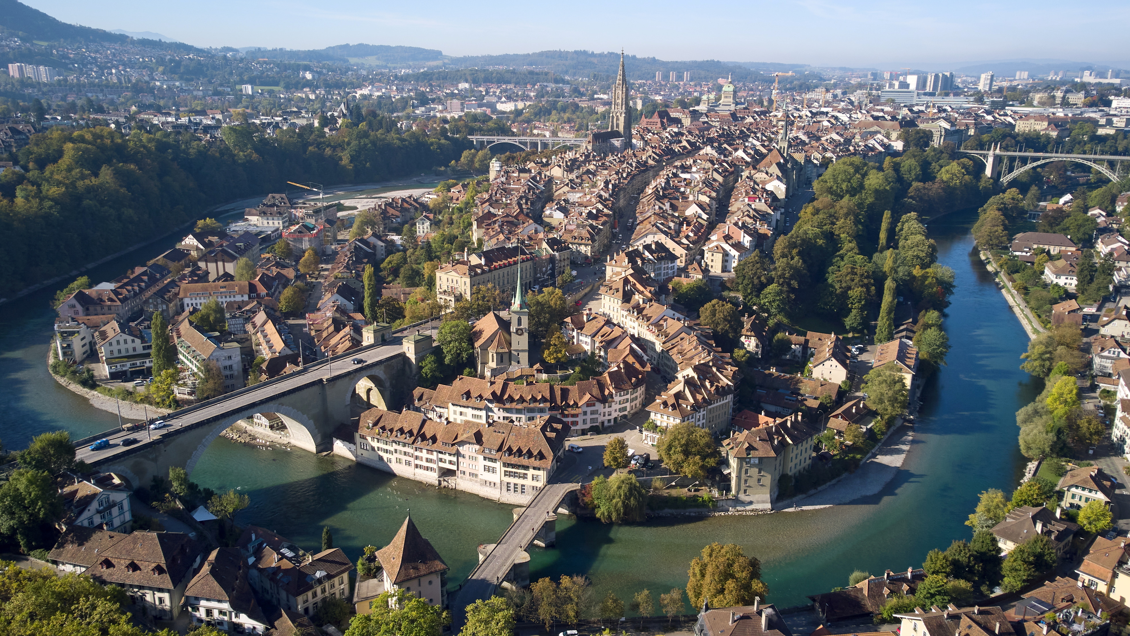 The old town of Bern and the Aare river are pictured in early autumn light in Bern, Switzerland