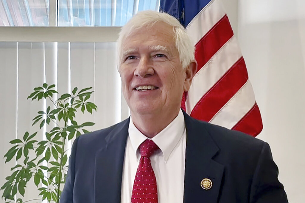 Rep. Mo Brooks, R-Ala., speaks with reporters, March 23, 2022, in Hueytown, Ala. 