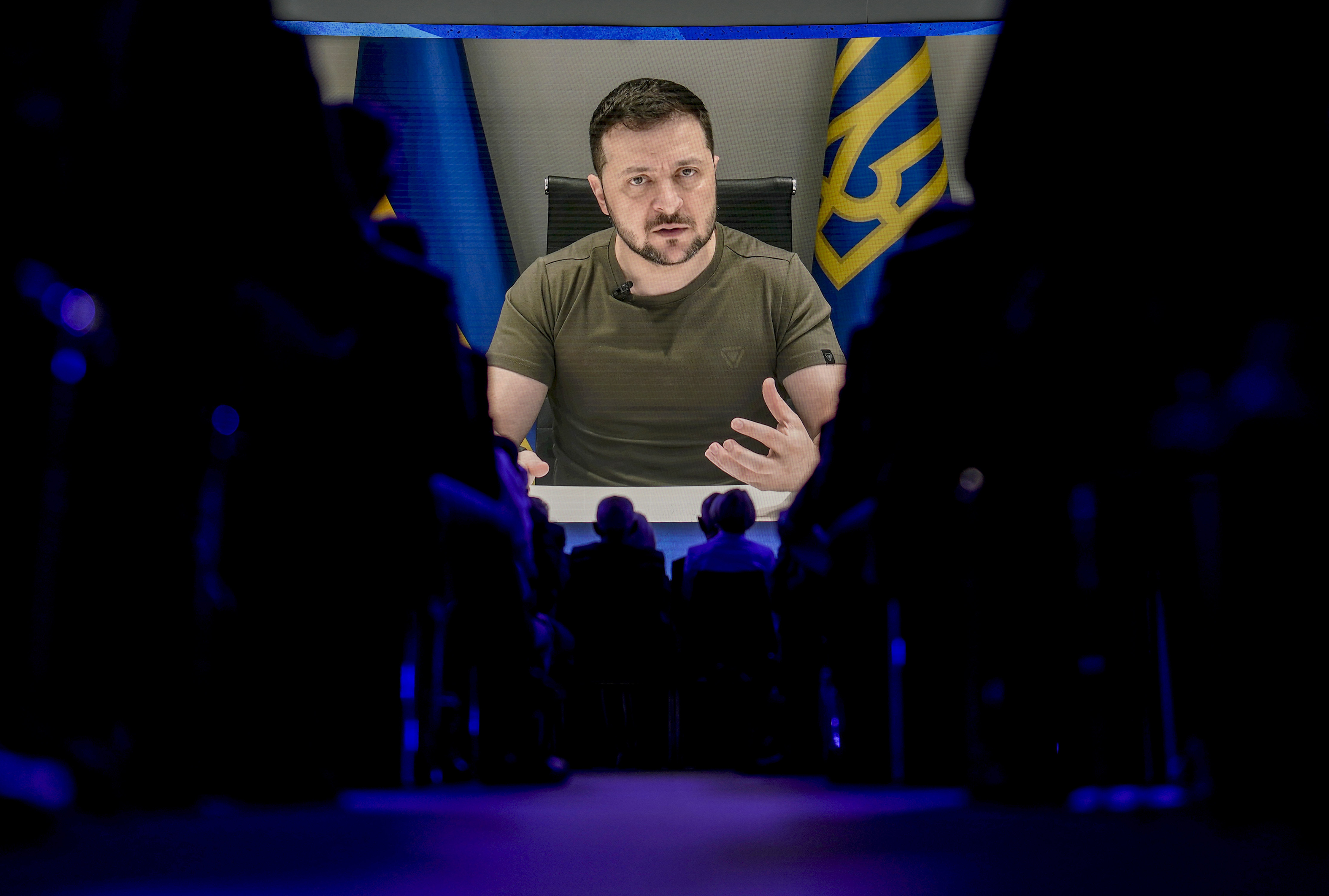 Ukrainian President Volodymyr Zelenskyy virtually addresses the audience during the World Economic Forum in Davos, Switzerland