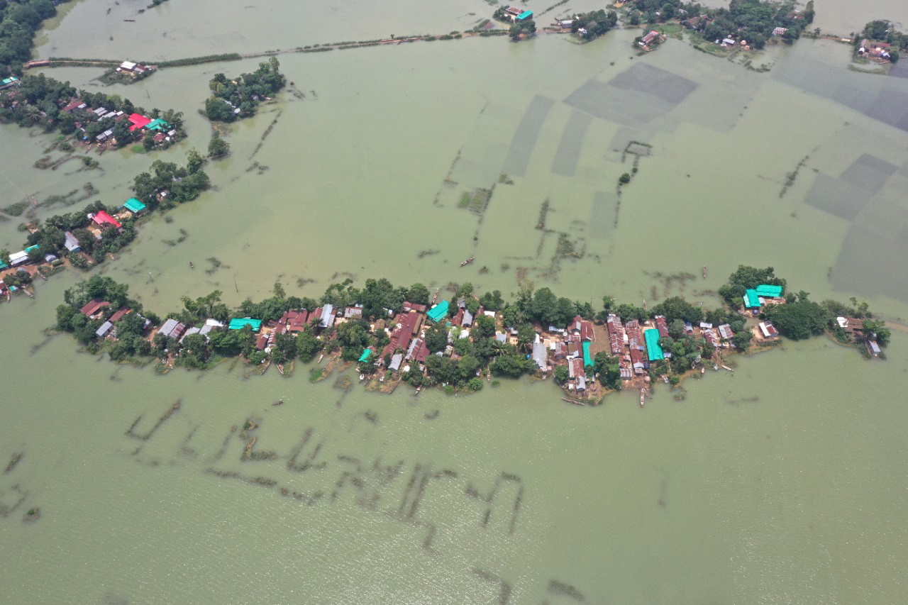 A drone shot of a flooded village in Zakiganj, Sylhet, Bangladesh