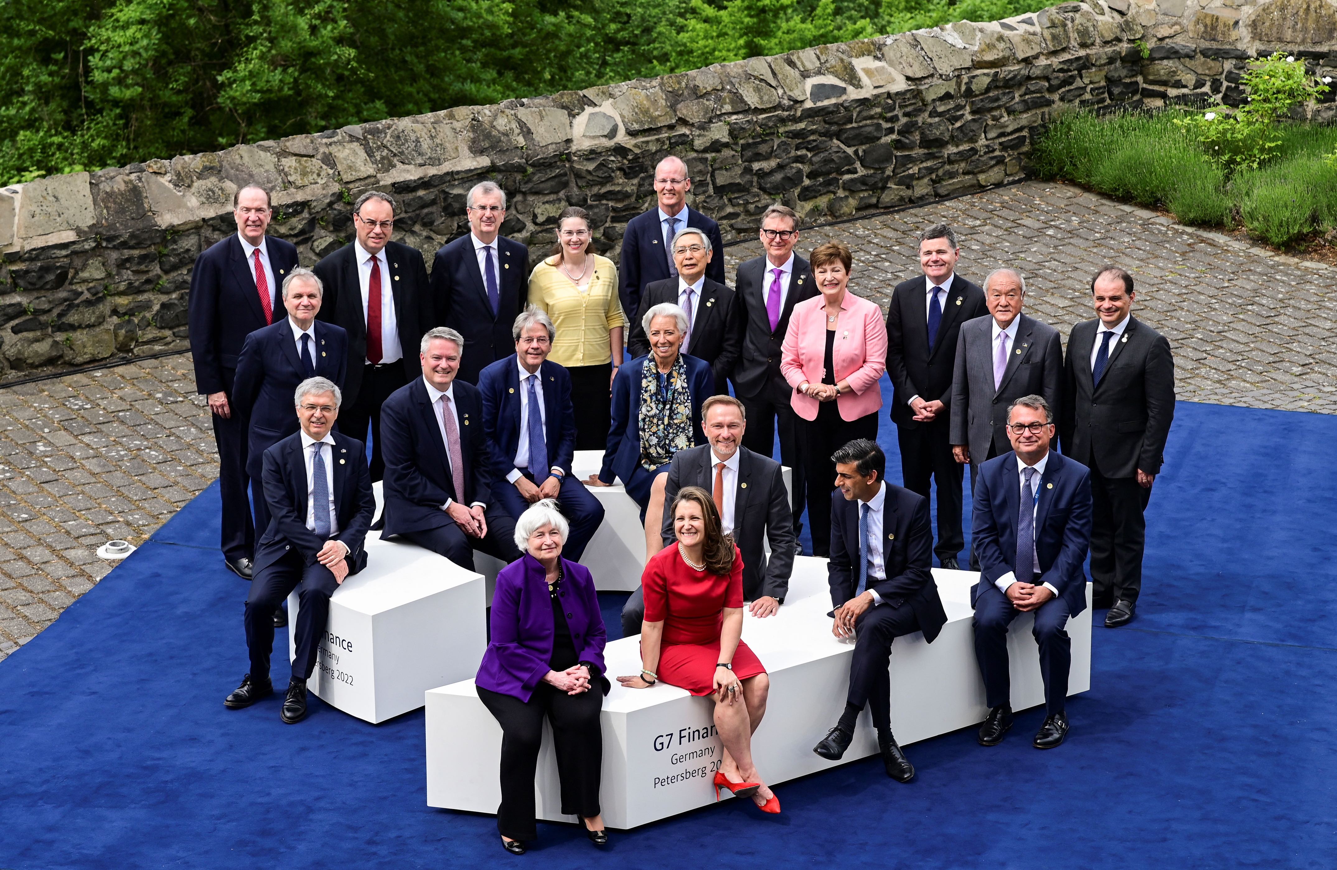 Attendees pose for a photo during the G7 Summit in Koenigswinter, near Bonn, Germany