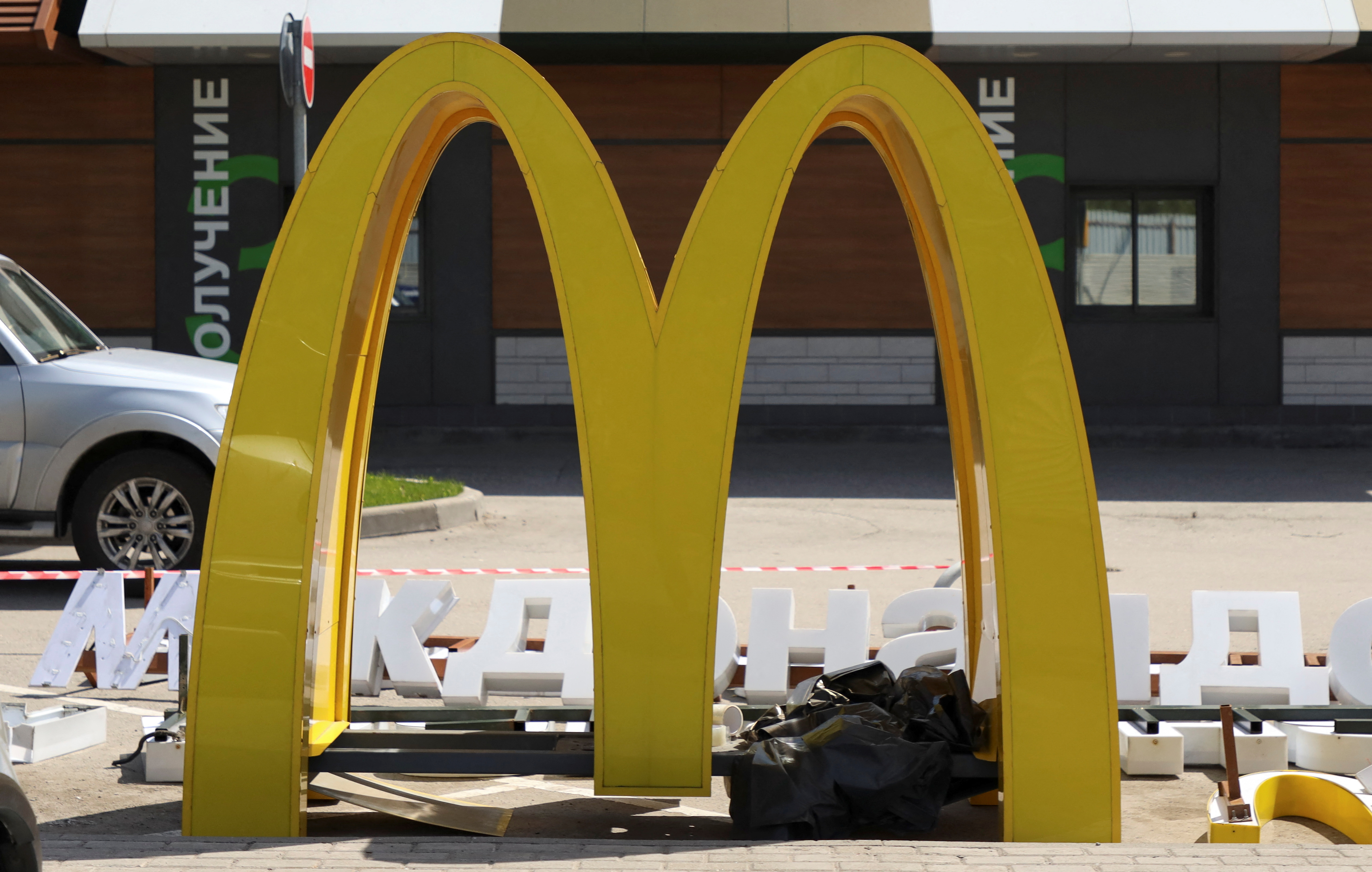A view shows the dismantled McDonald’s Golden Arches after the logo signage was removed from a drive-through McDonald’s restaurant in Khimki outside Moscow, Russia on May 23, 2022