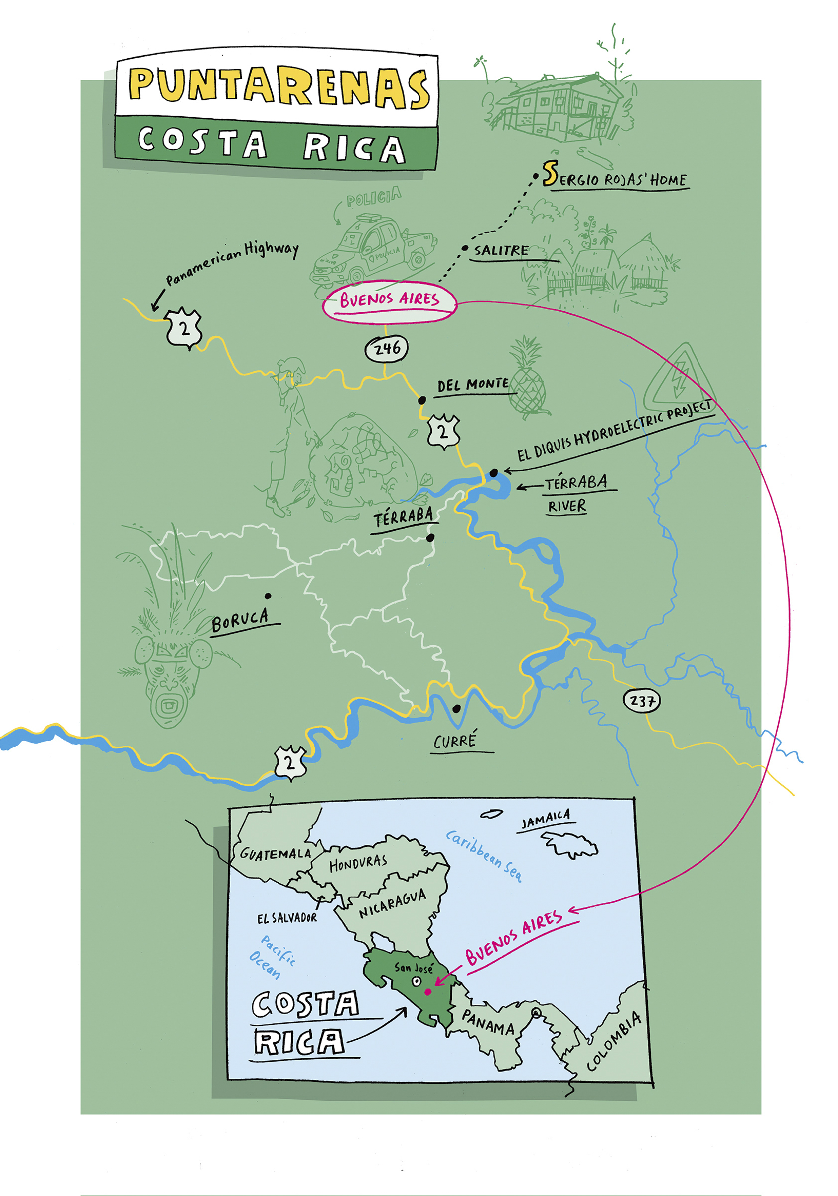 An illustration of a map of the Puntarenas region of Costa Rica.