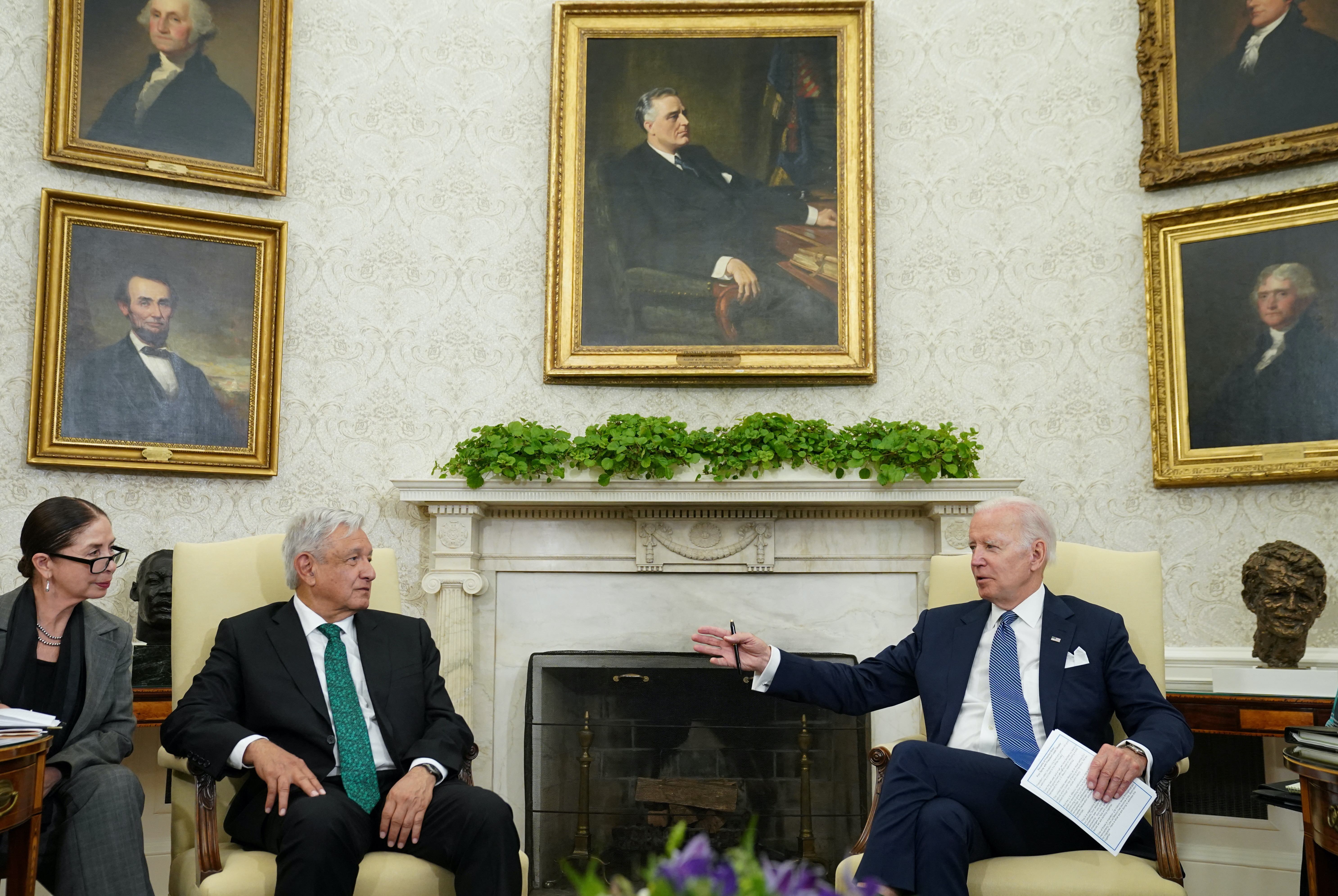 U.S. President Joe Biden meets with Mexican President Andres Manuel Lopez Obrador in the Oval Office of the White House in Washington, U.S.