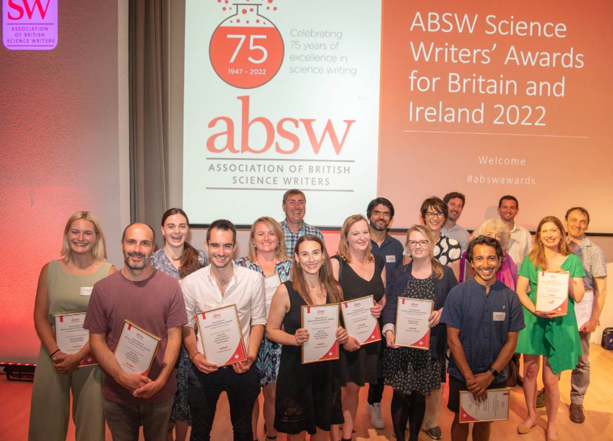 Winners of 2022 British Science Writers (ABSW) awards pose with certificates