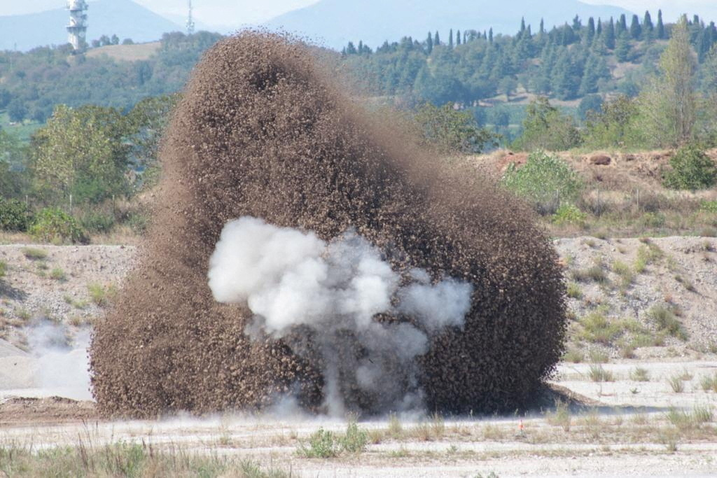 A World War II bomb discovered in the dried-up river Po is detonated by the Italian Army in Medole, Italy, on August 7, 2022 [10th Engineer Regiment/Reuters]