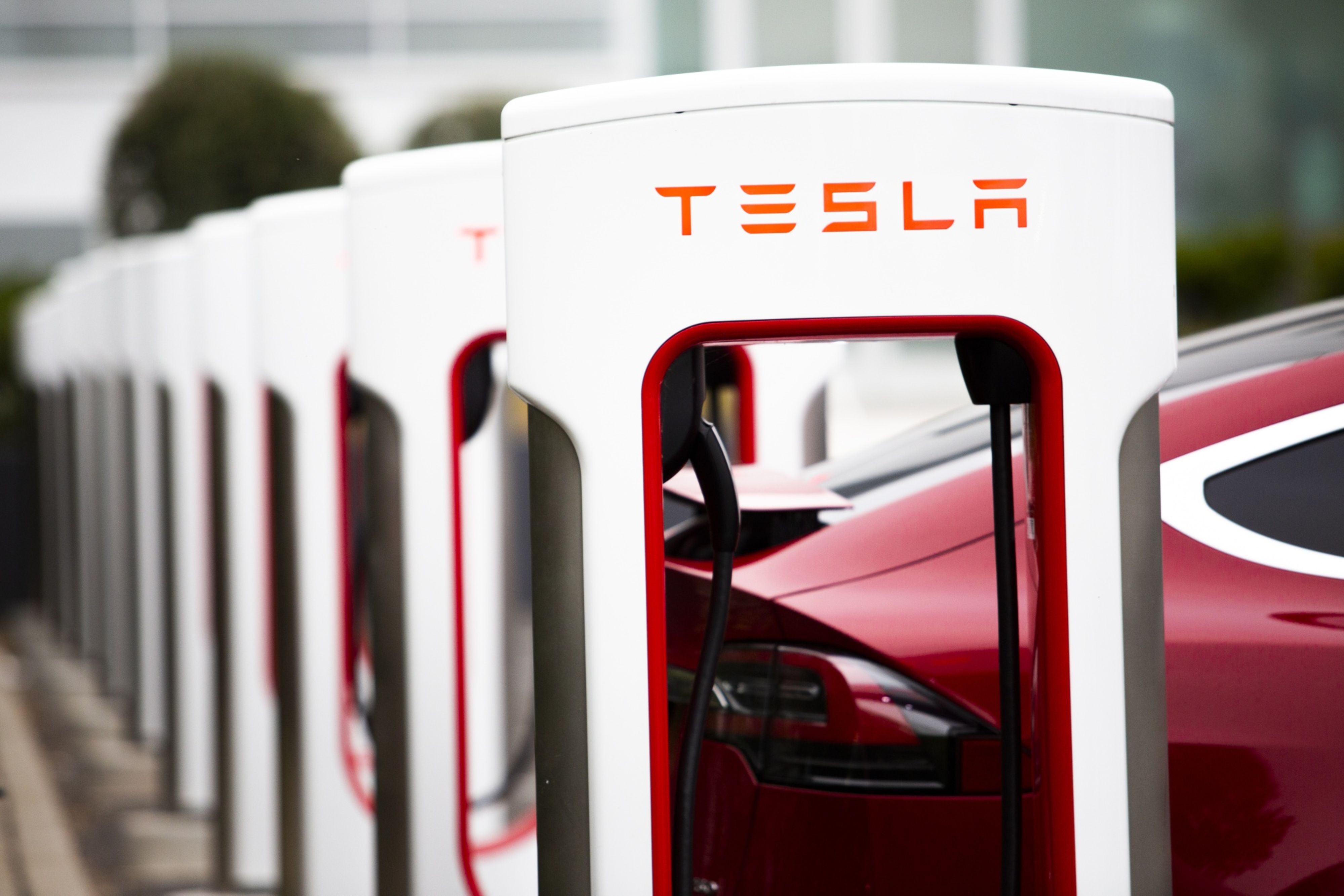 A Tesla Supercharger station in California.