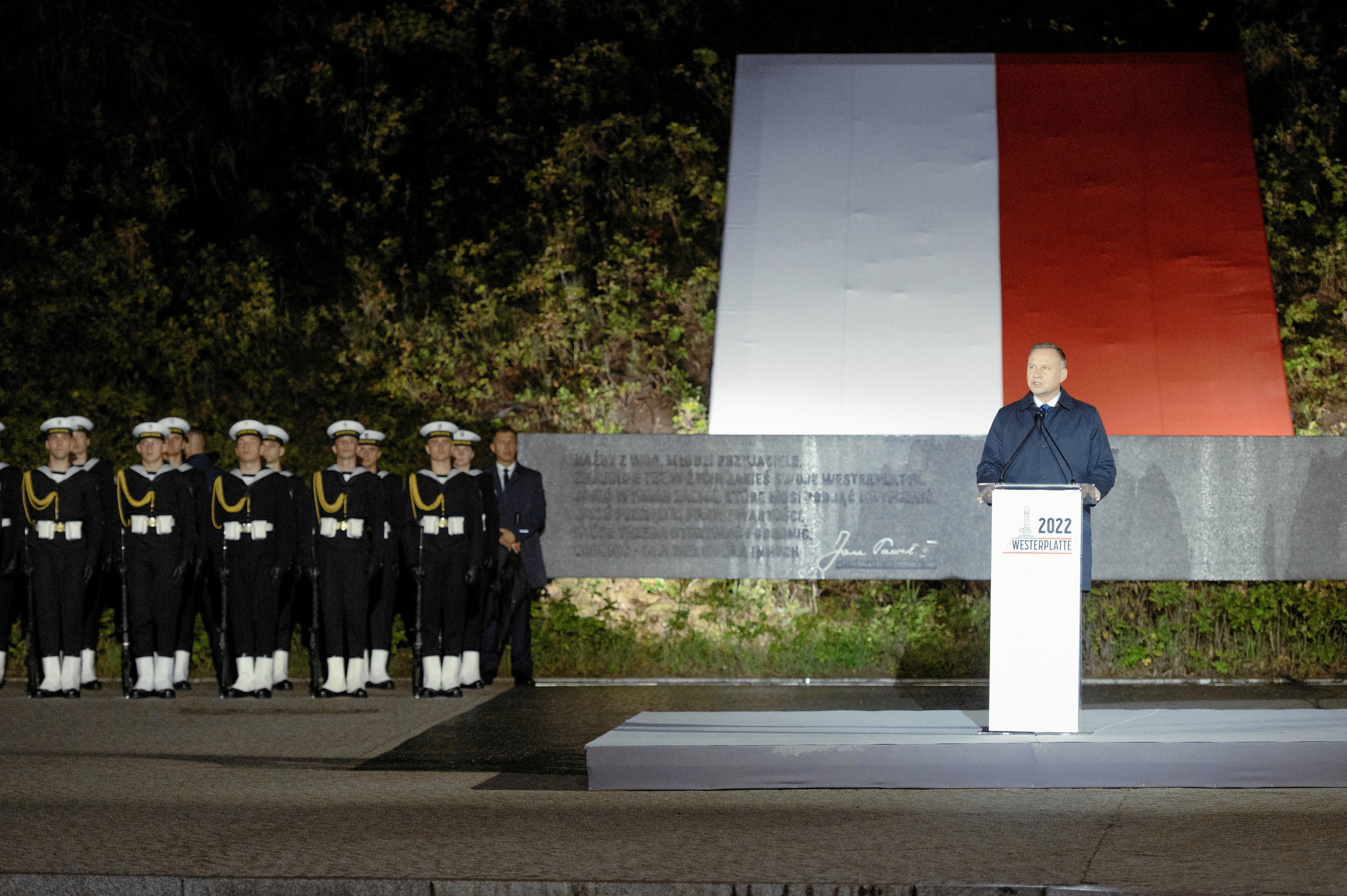 Poland’s president delivers a speech during a ceremony to mark the 83rd anniversary of the outbreak of World War II
