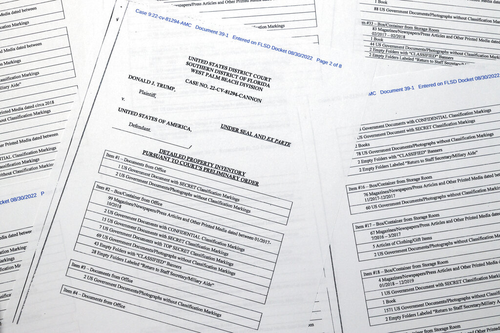 Pages from an FBI property list of items seized from former President Donald Trump’s Mar-a-Lago estate