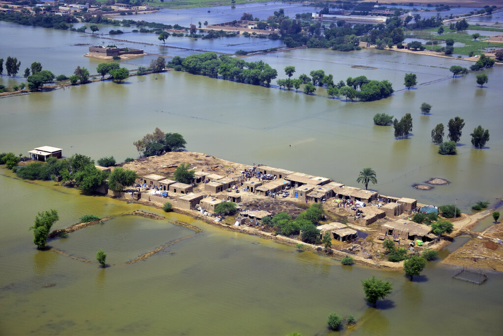 Homes are surrounded by floodwaters in Jaffarabad