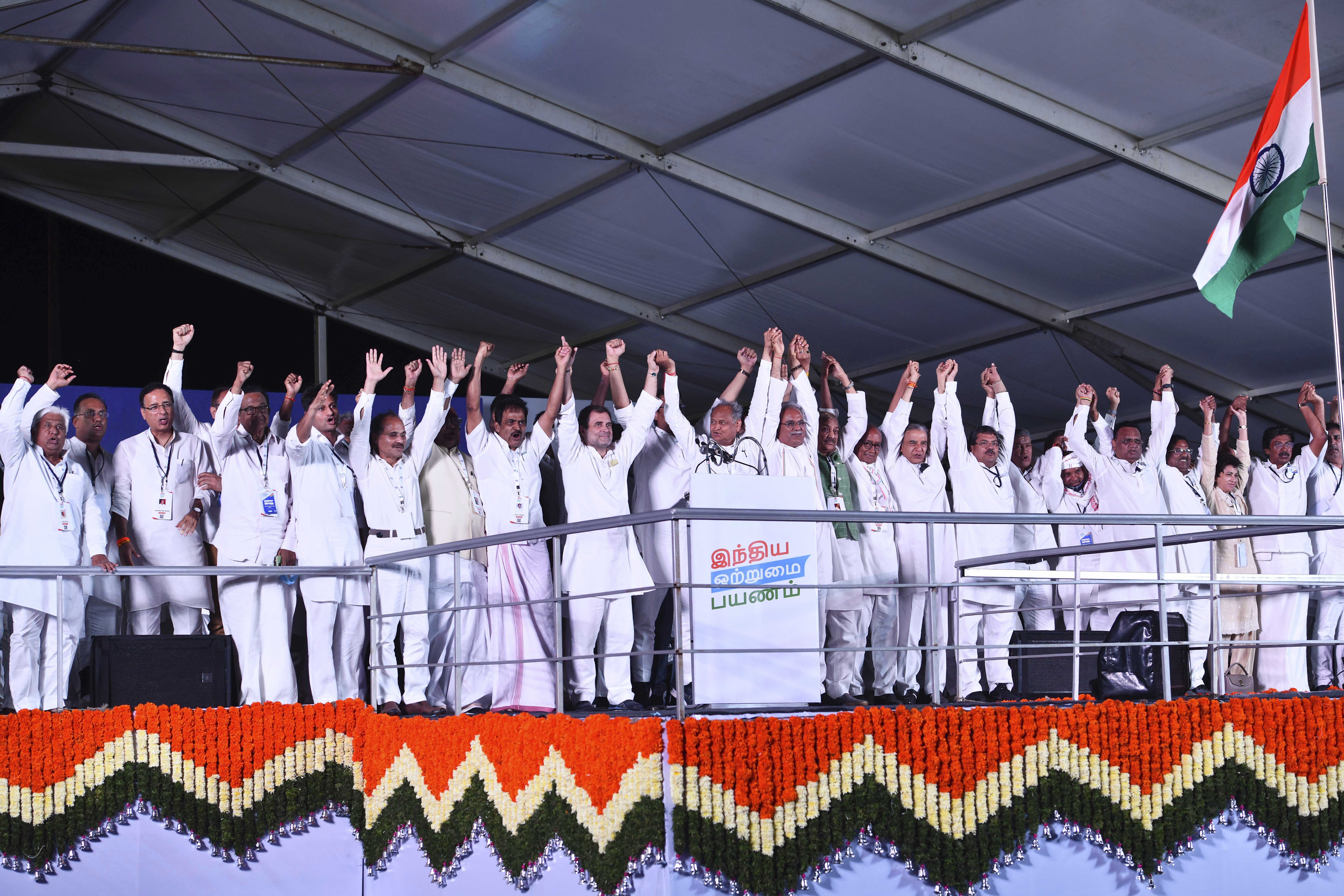 Rahul Gandhi joins other Congress party leaders at the launch of long march in Kanyakumari. The more than 3,000-kilometre-long yatra is aimed at countering the ‘environment of hate’ and to strengthen the nation, according to the party. [AP Photo]