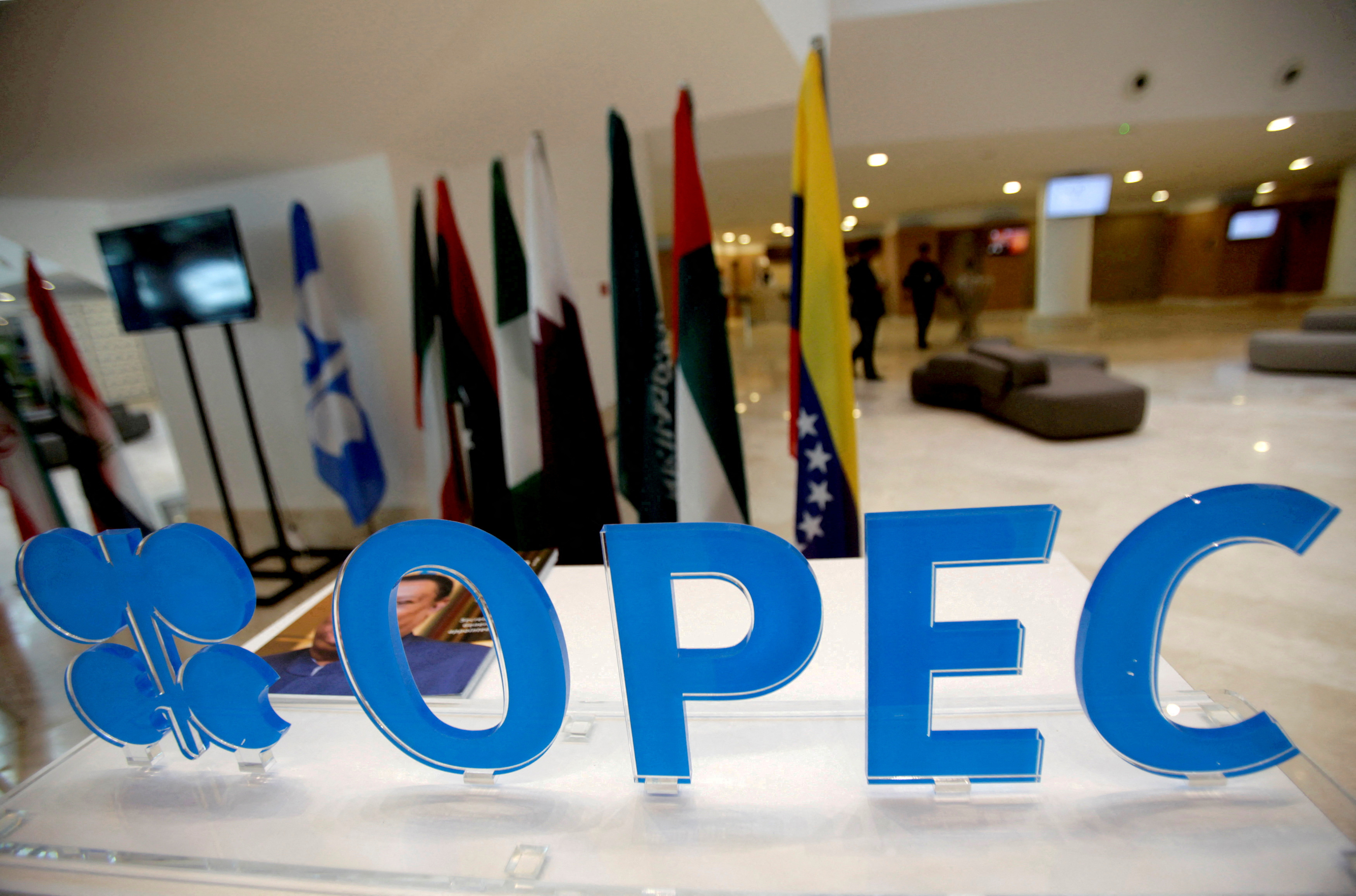 Window of OPEC building with the blue sign on the window
