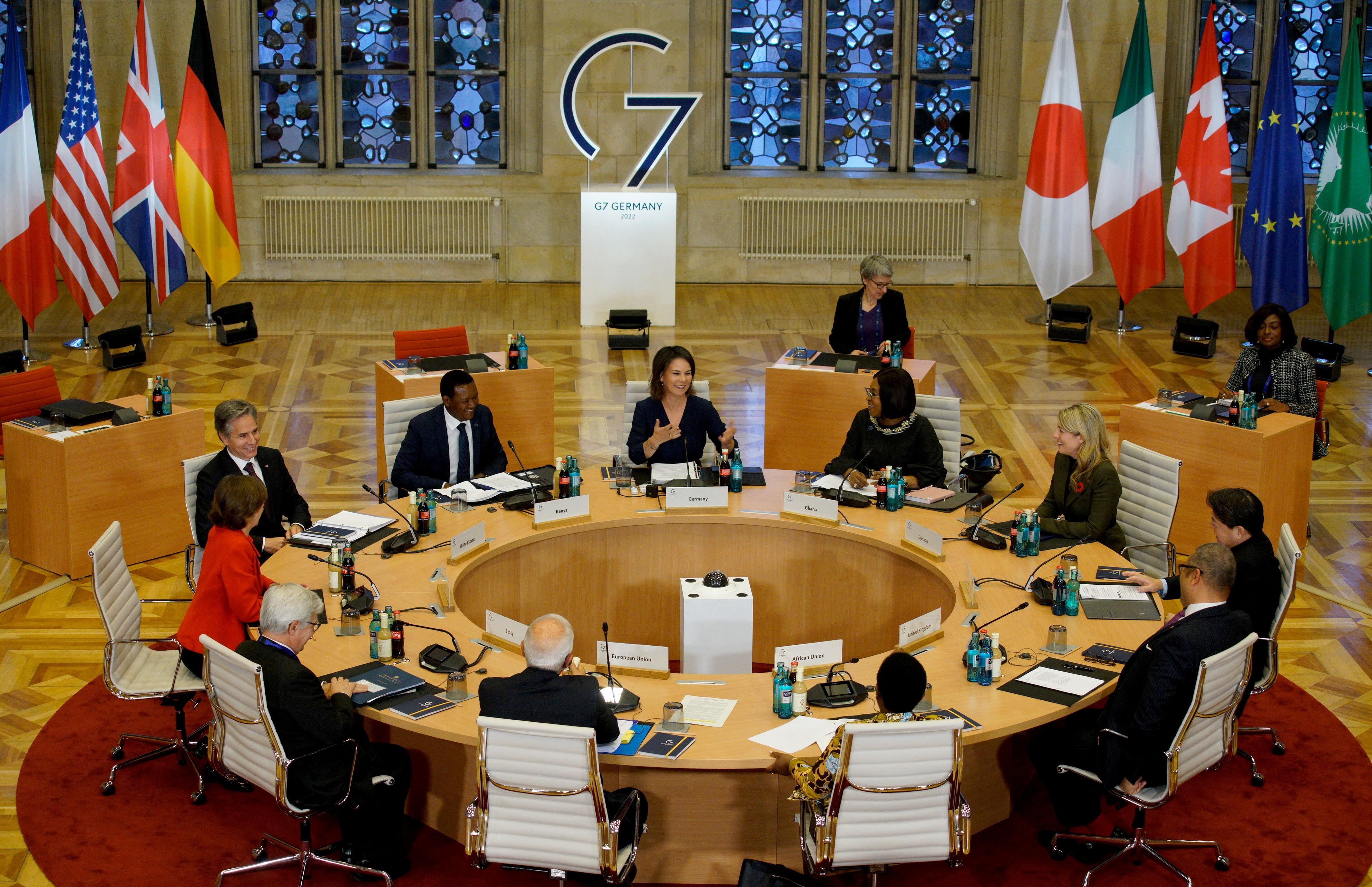 German Foreign Minister Annalena Baerbock, Ghana's Foreign Minister Shirley Ayorkor Botchwey, Canadian Foreign Minister Melanie Joly, Japanese Foreign Minister Yoshimasa Hayashi, British Secretary for Foreign Affairs James Cleverly, the Deputy Chairperson for the African Union Commission Monique Nsanzabaganwa, the High Representative of the European Union for Foreign Affairs and Security Policy Josep Borrell, French Foreign Minister Catherine Colonna, U.S. Secretary of State Antony Blinken and Kenya's Foreign and Diaspora Affairs Cabinet Secretary Alfred Mutua attend a working session at a G7 Foreign Ministers Meeting, at the City Hall in Muenster