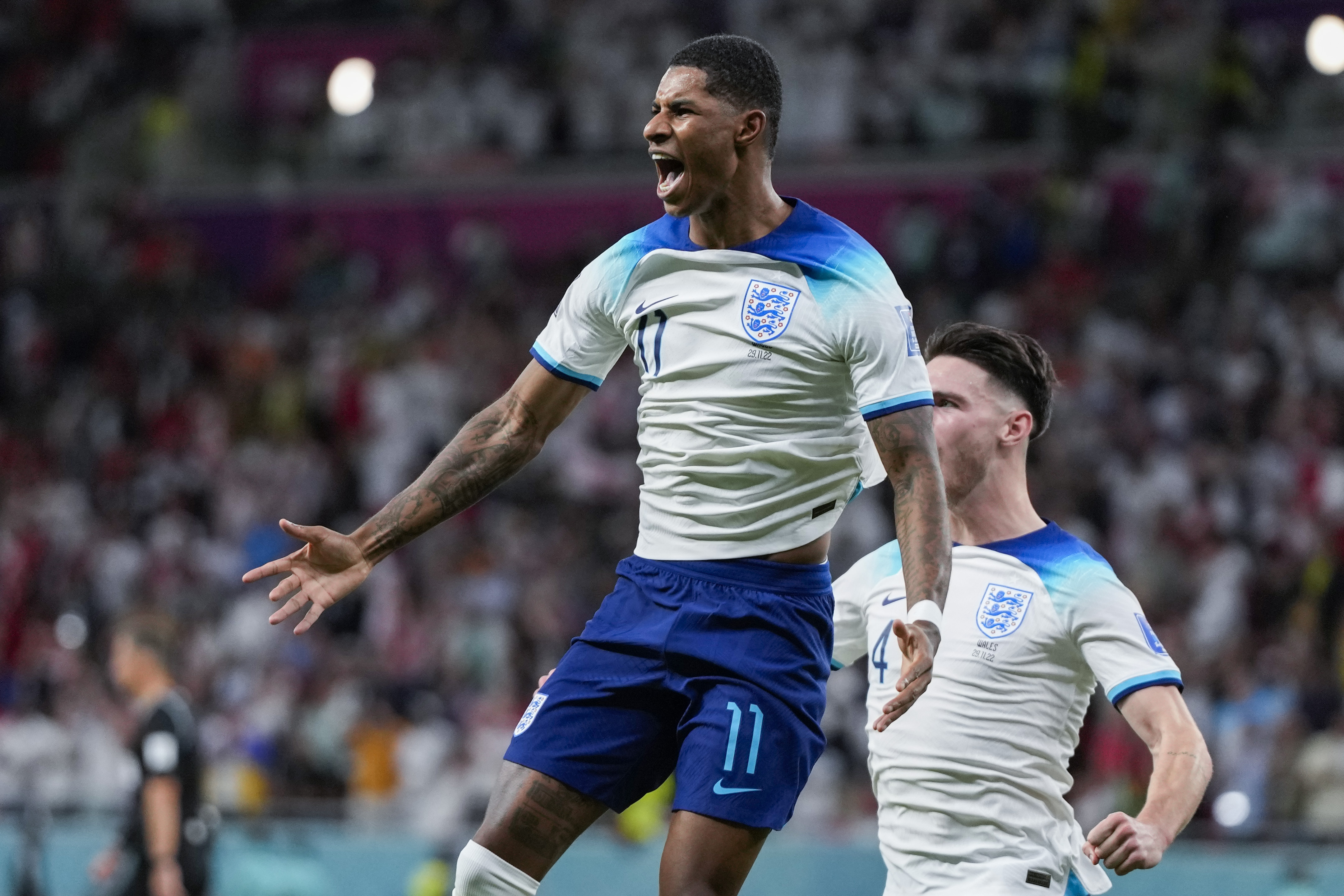 England's Marcus Rashford celebrates after scoring.