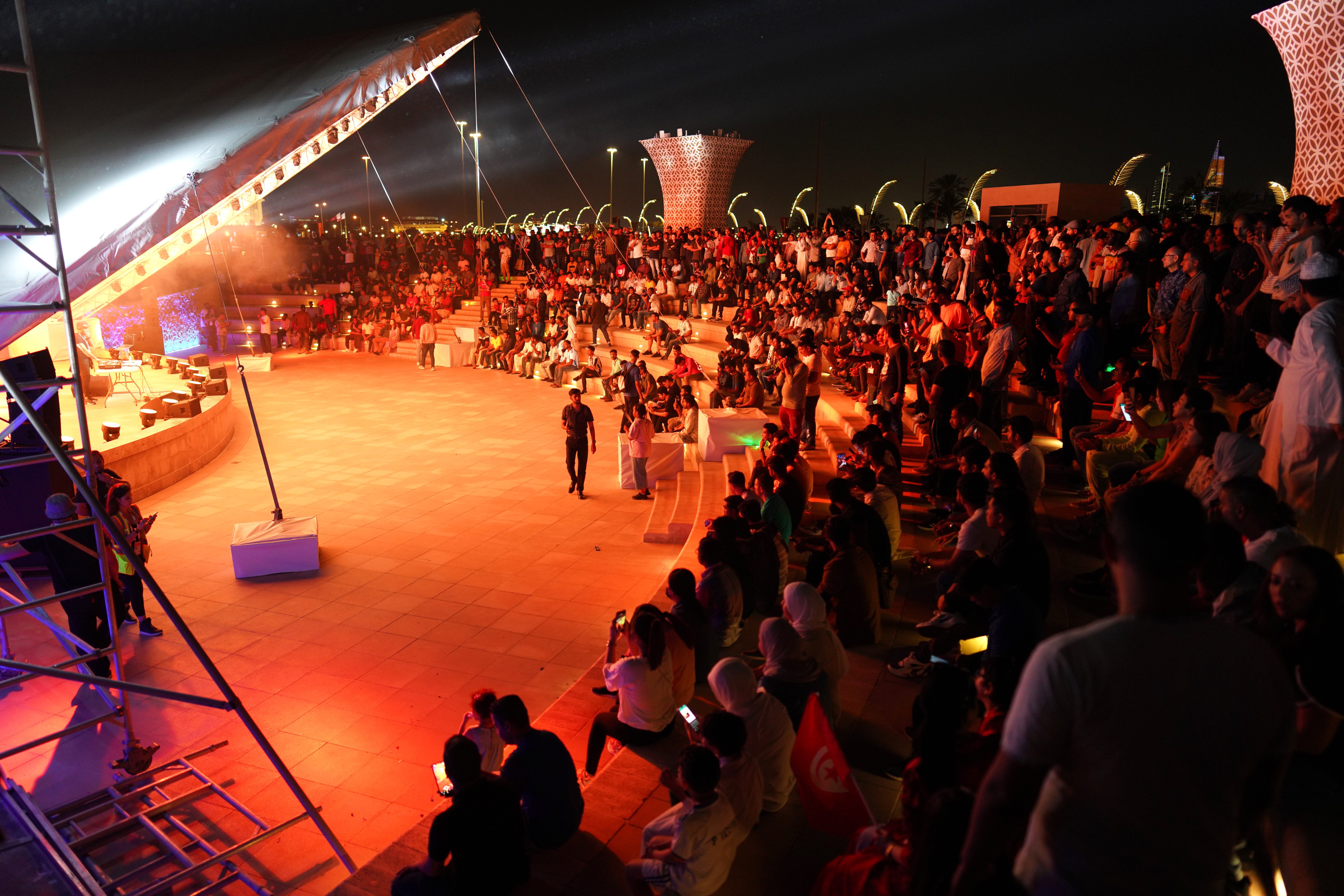 DJs play techno music and enjoying light shows at Doha’s Corniche