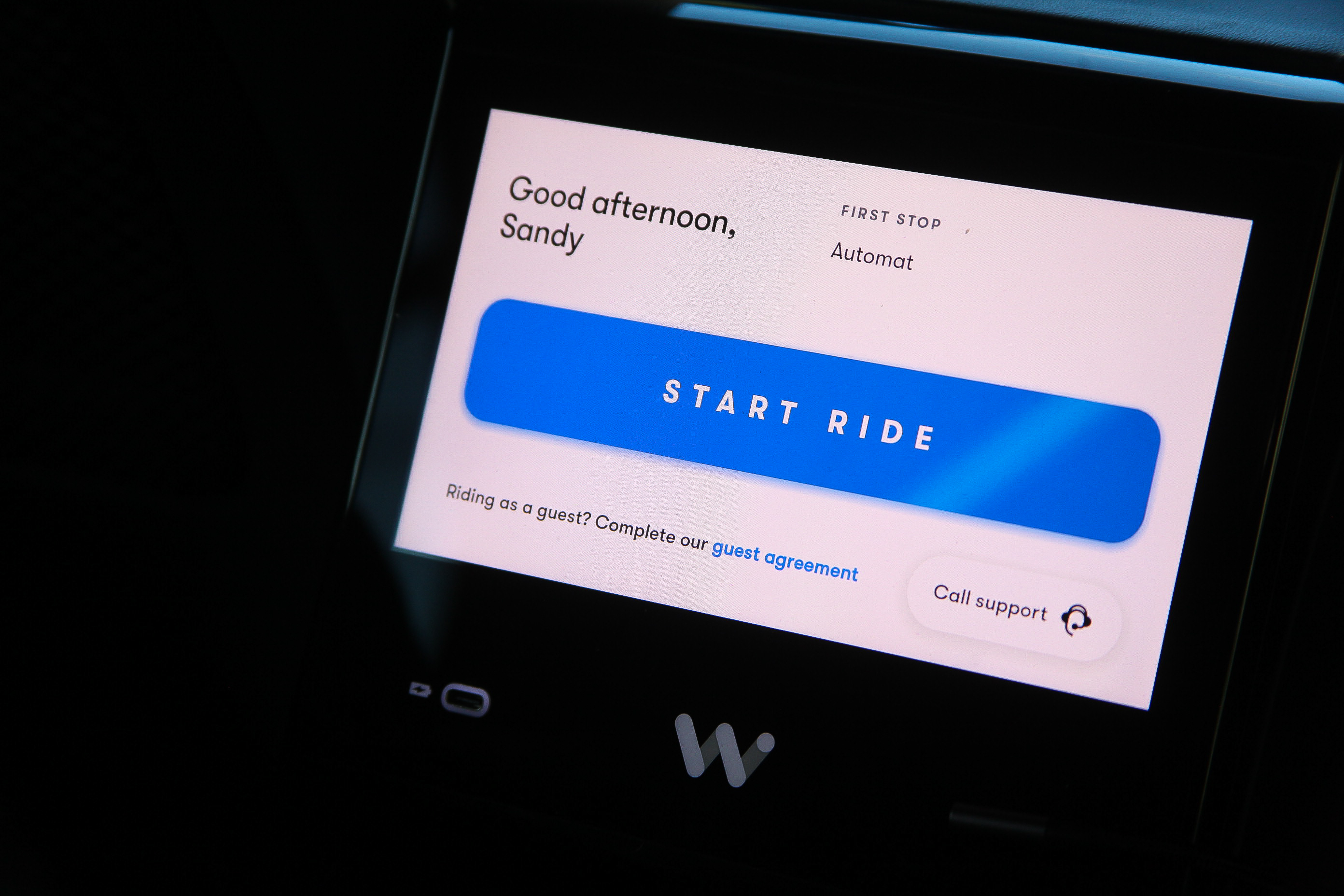 Waymo driverless vehicles include screens near the front and back seats for riders to prompt the vehicle. Options include commands to pull the car over or call customer support