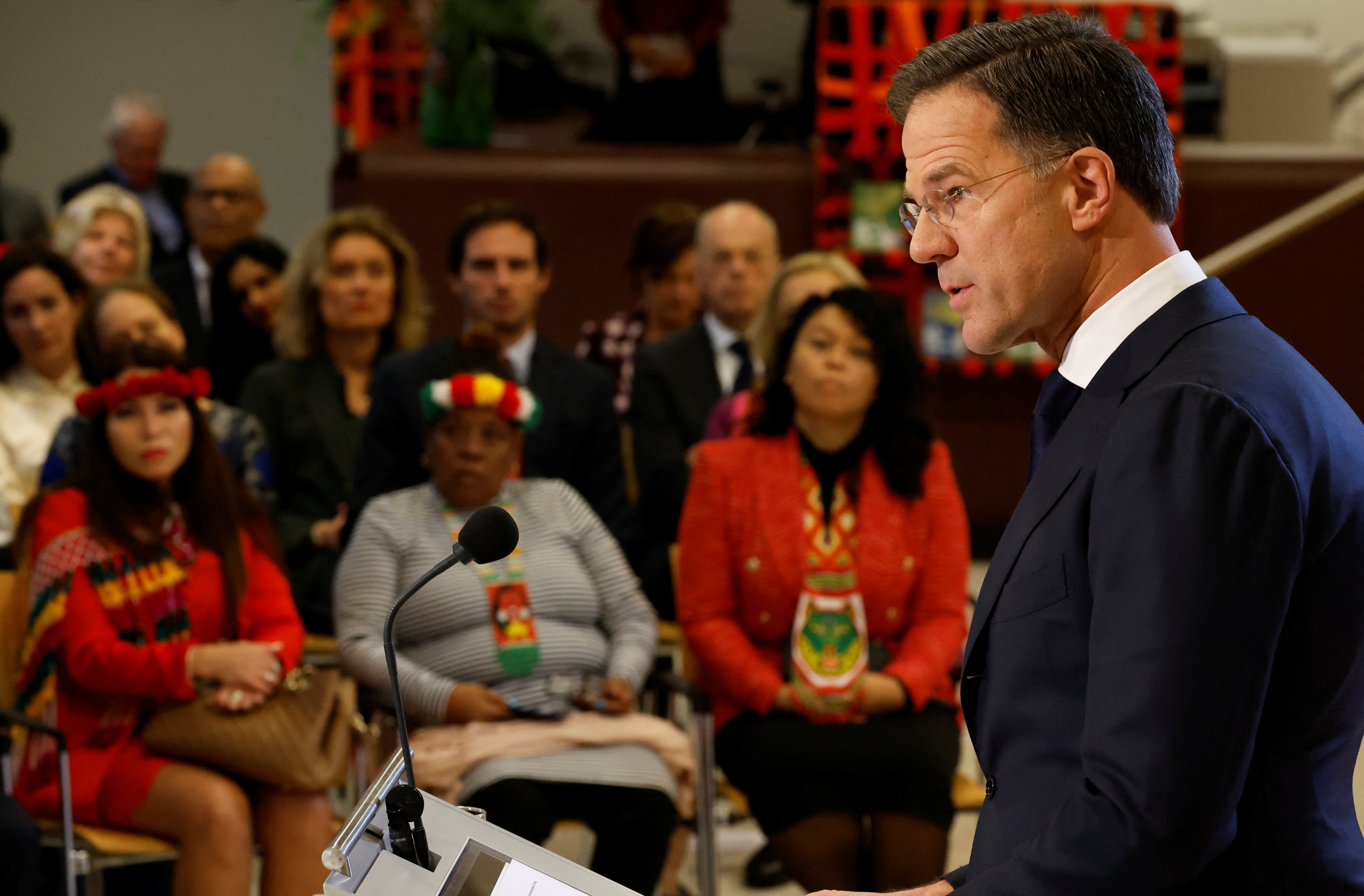 Dutch Prime Minister Mark Rutte apologizes as he responds to recommendations from a panel of experts to accept the role of the Netherlands in the history of slavery and its current consequences in The Hague, Netherlands December 19, 2022. REUTERS/Piroschka van de Wouw