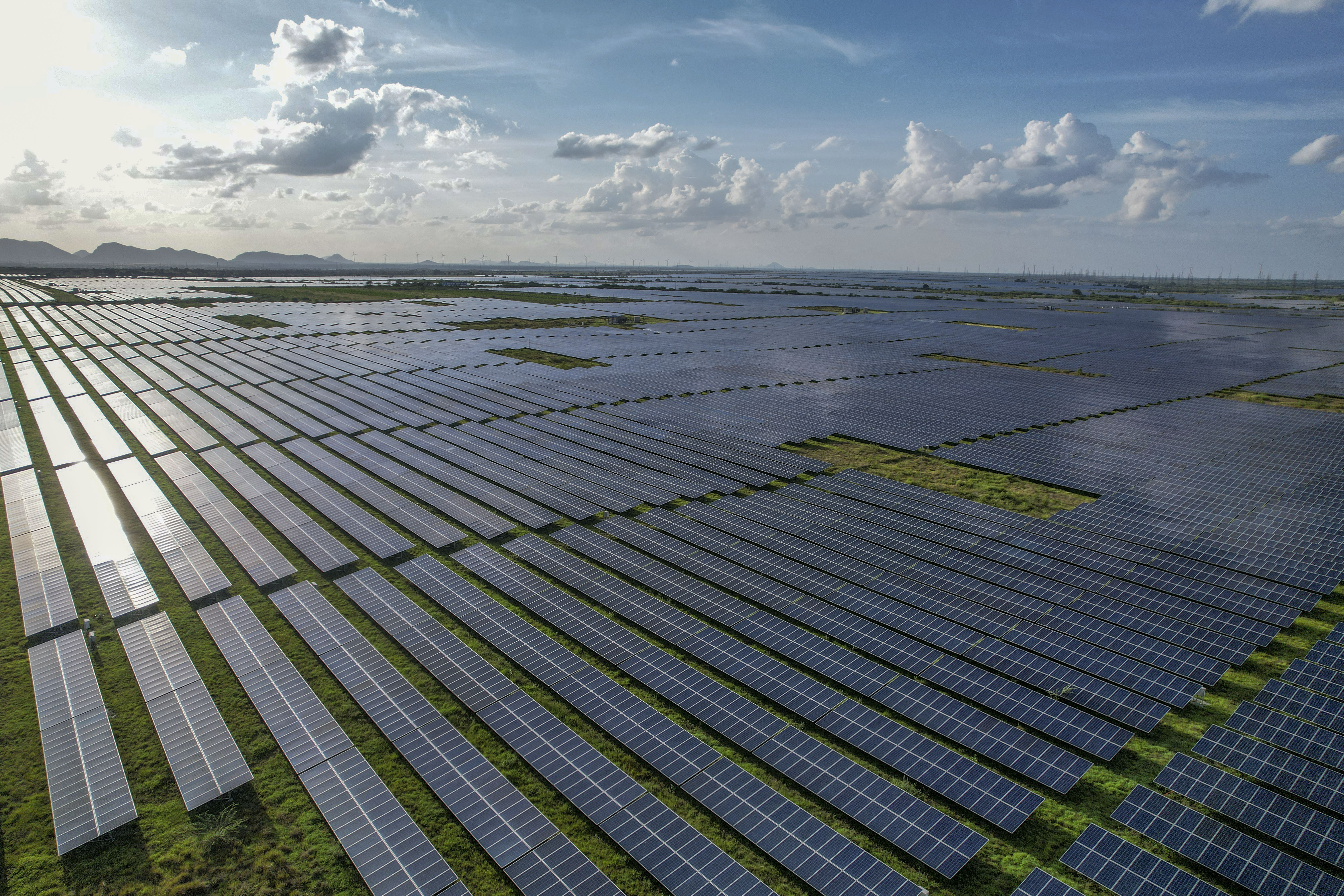 A solar power plant works in the Pavagada Tumkur district, India