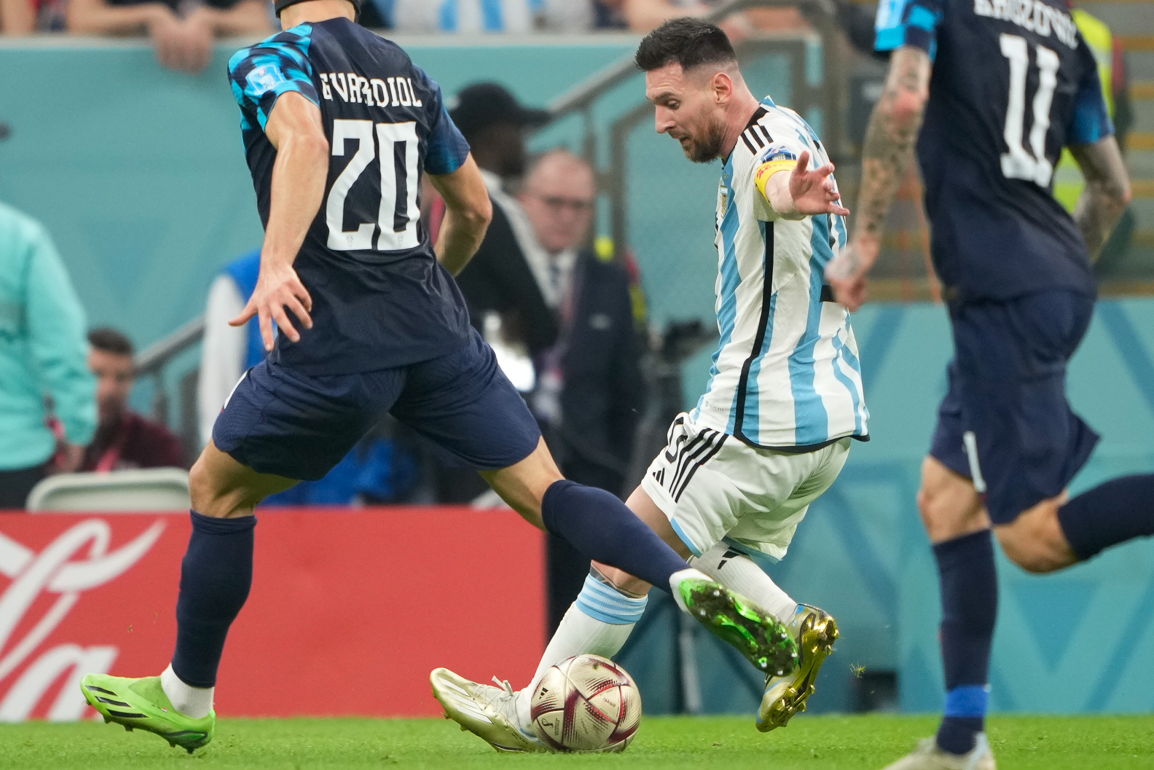 Lionel Messi in action during the Argentina vs Croatia semifinal on December 13, 2022, at Lusail Stadium in Qatar