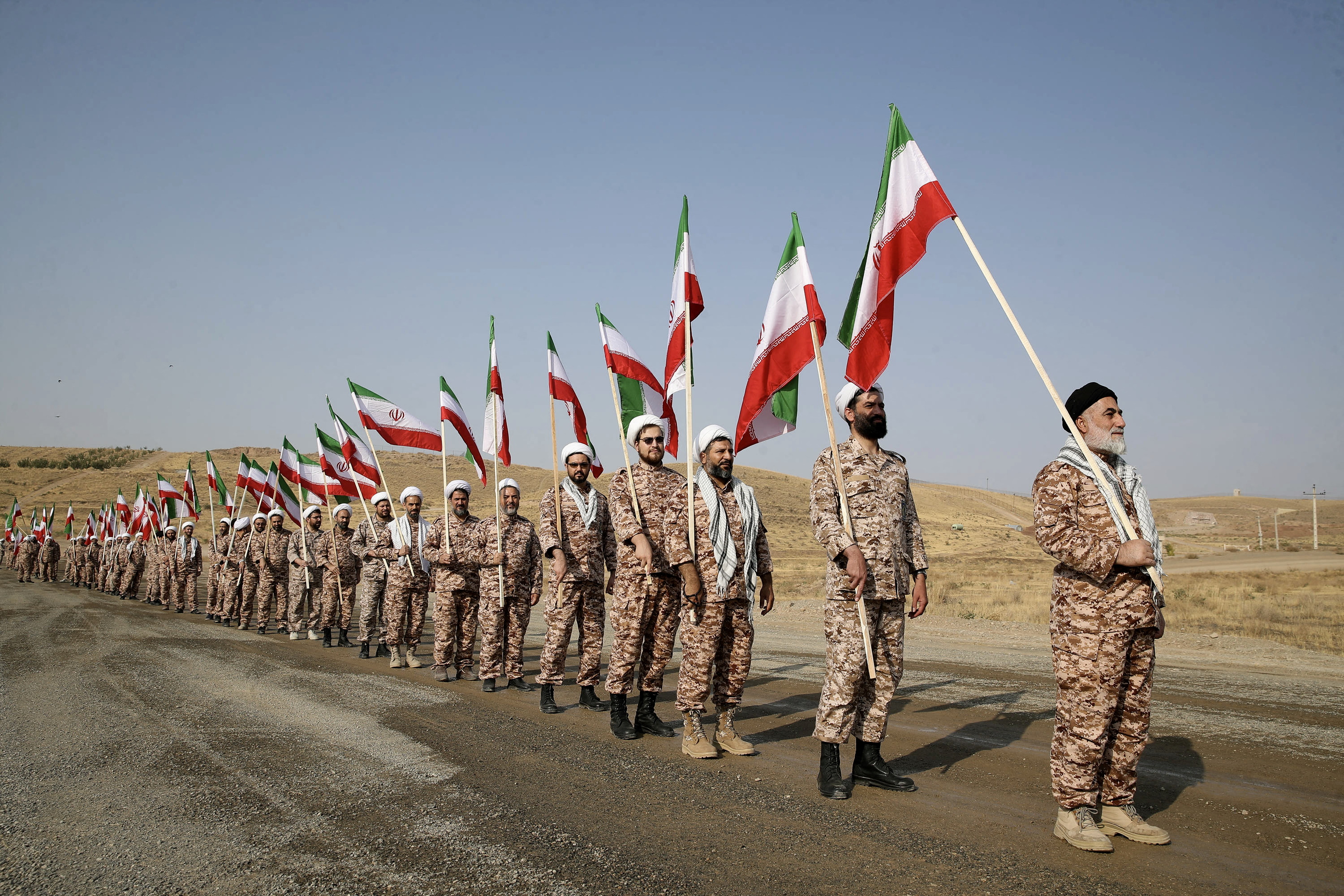 Members of the Islamic Revolutionary Guard Corps attend an IRGC ground forces military drill in the Aras area, East Azerbaijan province