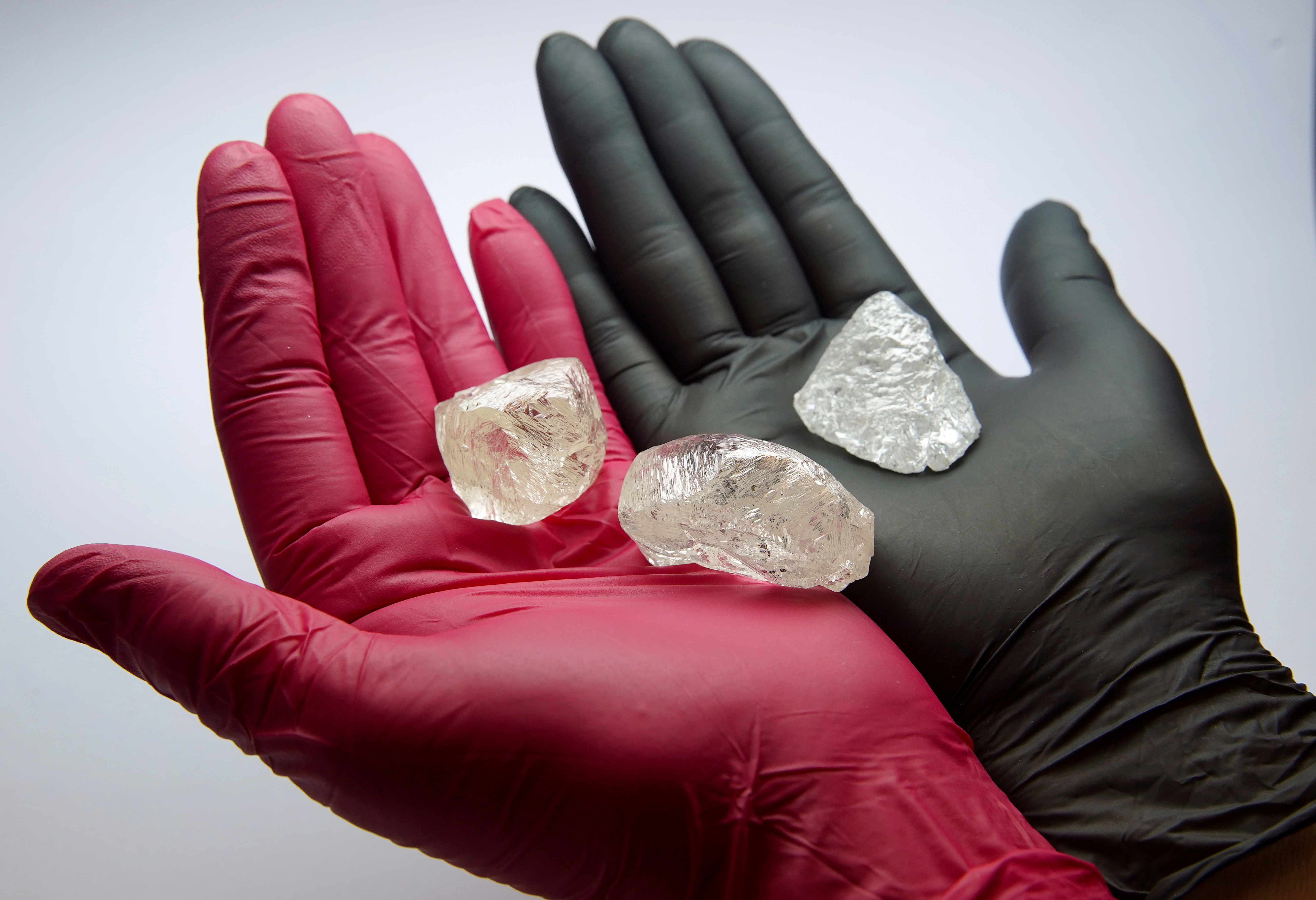 An employee shows gem-quality stones, including a rare 242-carat rough diamond that will be offered at the 100th international auction of Russian state-controlled diamond producer Alrosa, during a presentation in Moscow, Russia February 25, 2021. The diamond is one of the biggest gem-quality stones Alrosa has mined this century, the company said. Picture taken February 25, 2021. REUTERS/Tatyana Makeyeva TPX IMAGES OF THE DAY