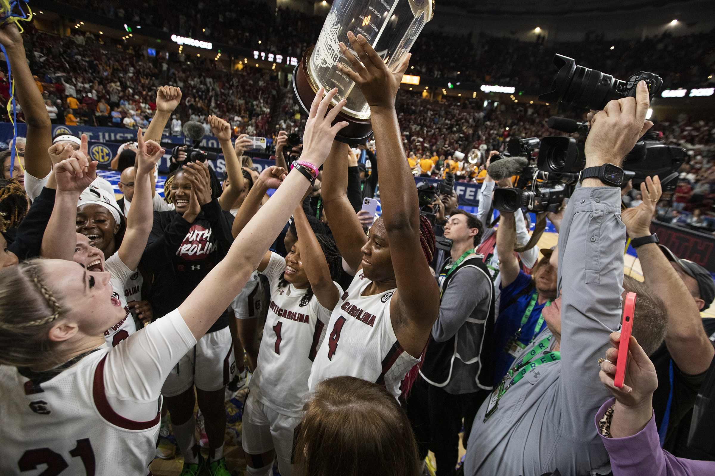 South Carolina’s Aliyah Boston holds up their trophy after defeating Tennessee 74-58 to win the championship game of the Southeastern Conference women’s tournament on March 5, 2023