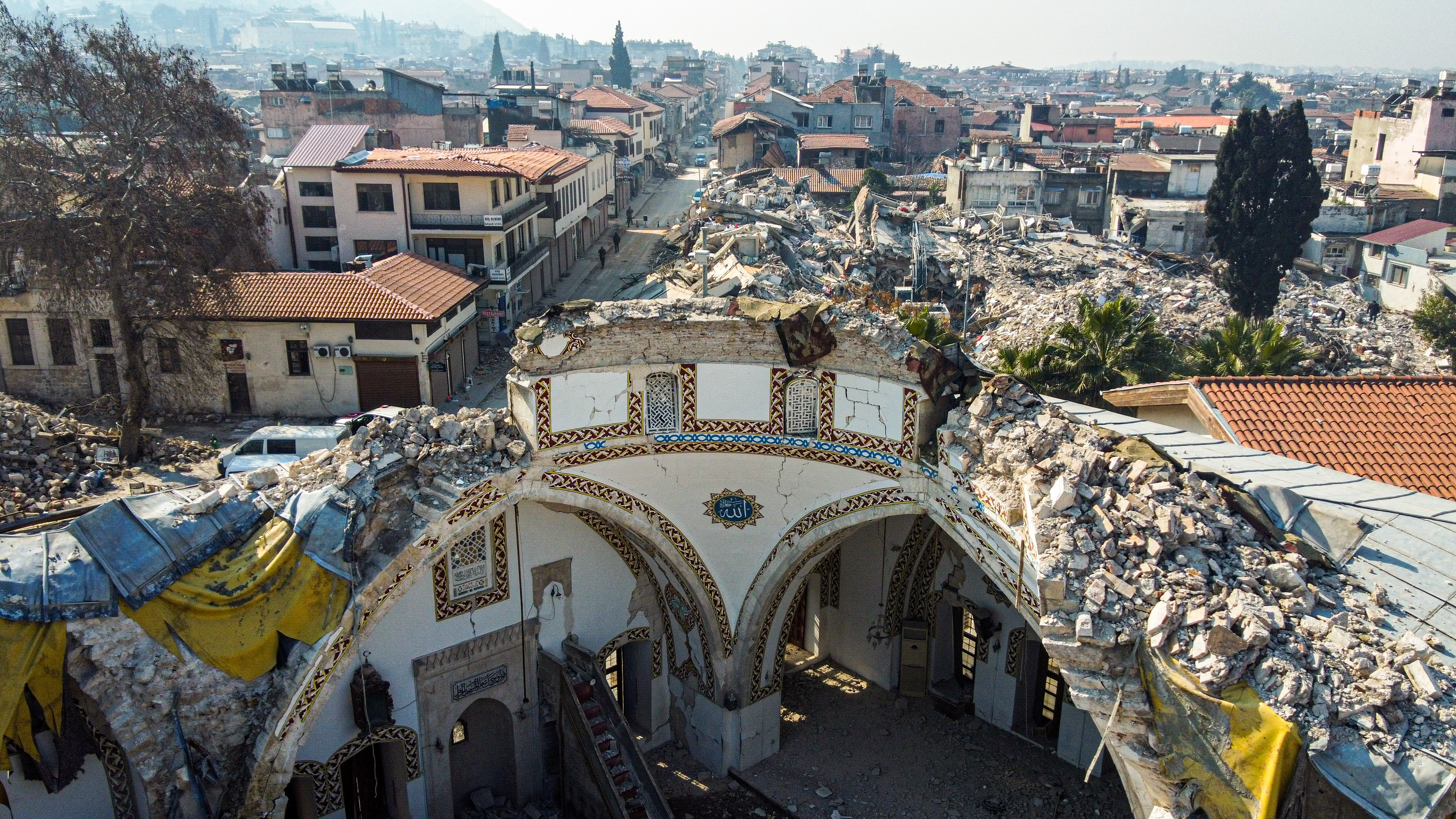 HATAY, ANTAKYA, TURKEY - 2023/02/13: (EDITORS NOTE: Image taken with drone) Antakya Habib-i Neccar Mosque, one of the first mosques built in Anatolia, was destroyed during the earthquake that killed tens of thousands of people in Turkey. The historical Habib-i Najjar Mosque is located in Antakya, Hatay Province, Turkey. It is named after the carpenter Habib'i Neccar or Habib al-Najjar, who lived during the time of Jesus. He was crucified in the early years of Christianity by the pagans who would not accept Christianity. It was built in 636 A.D., and Islam started to spread in Anatolia from here. Habib-ün Naccar, who first believed in the apostles of the Prophet Jesus, was a Martyr praised in the Yasin Sura of the Quran. His Tomb was inside the Mosque. (Photo by Mehmet Malkoç/SOPA Images/LightRocket via Getty Images)