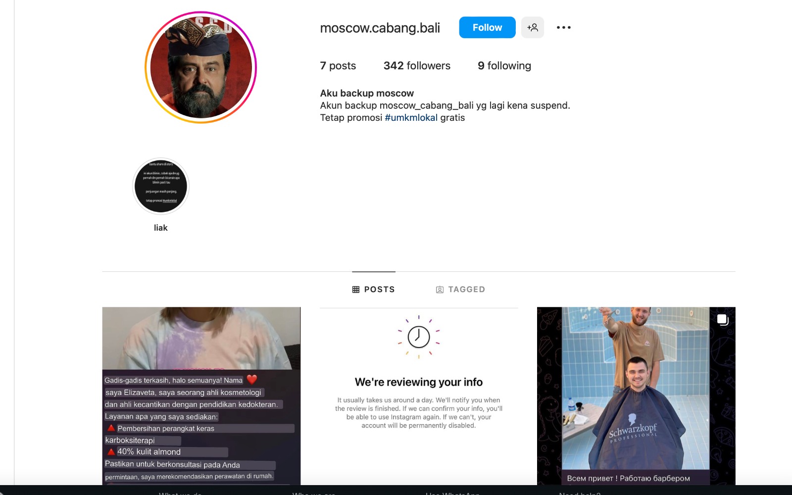 The Moscow Chapter Bali Instagram account has become a site for naming and shaming suspected undocumented workers [Instagram]