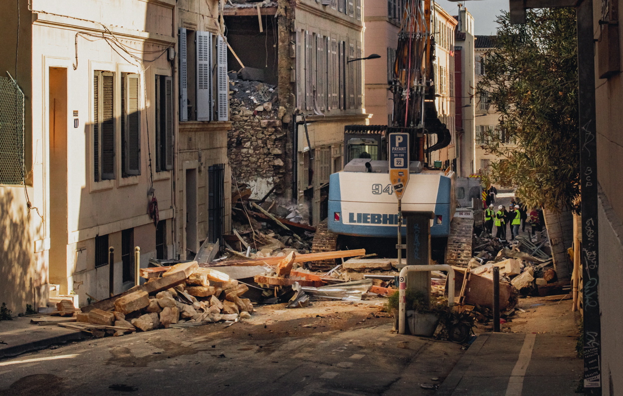The site of an explosion leading to the collapse of at least one building in Marseille, France, 09 April 2023. Several people were injured, according to the police and the cause is still unknown. Rescuer are still searching for missing people.