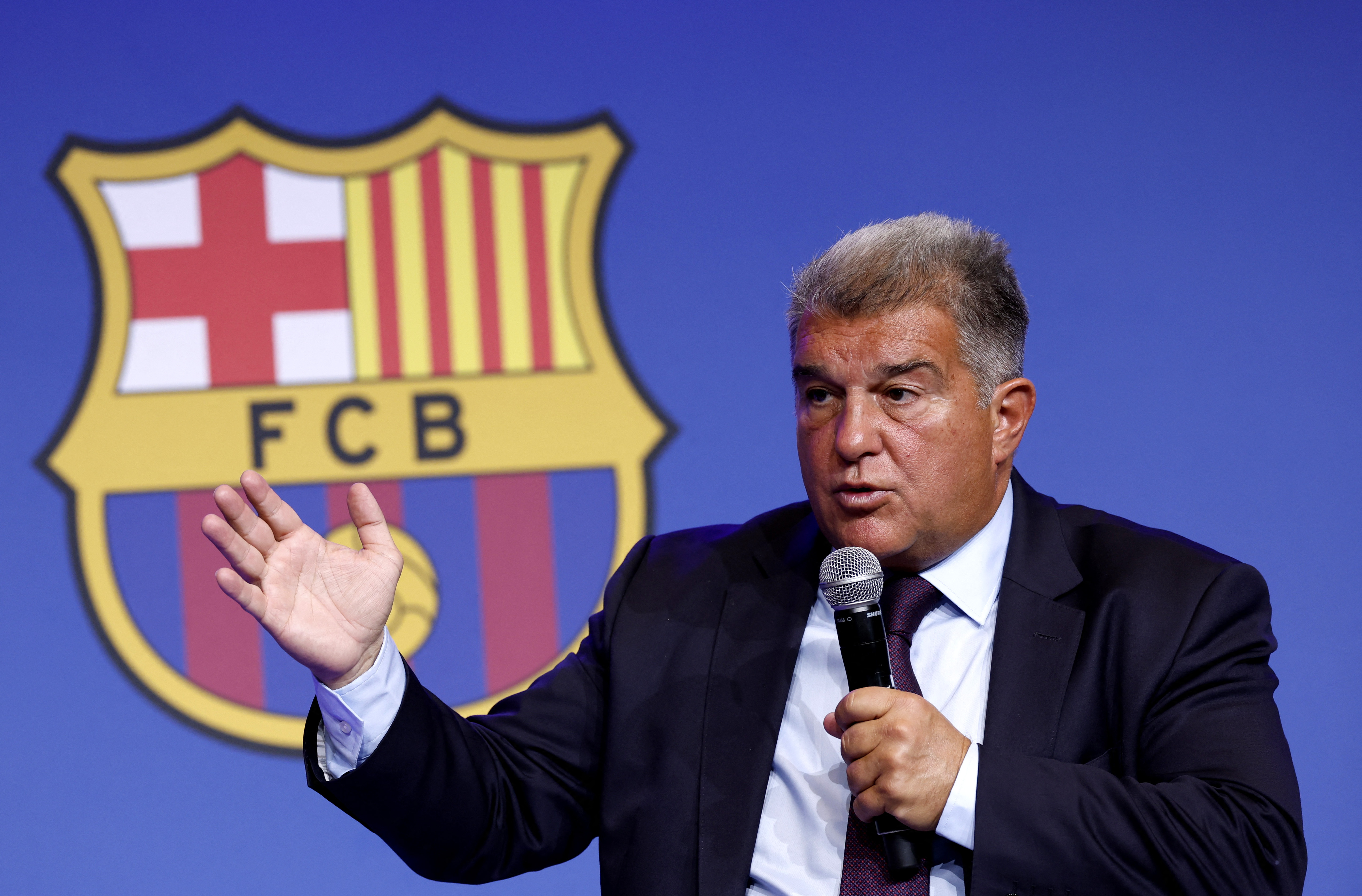 FC Barcelona president Joan Laporta gestures during a press conference