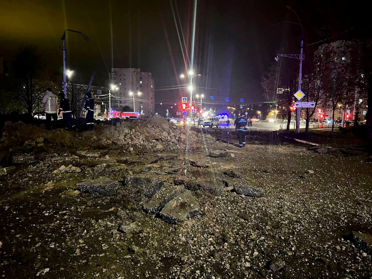 A view shows the accident scene following a large blast in a street in the city of Belgorod, Russia