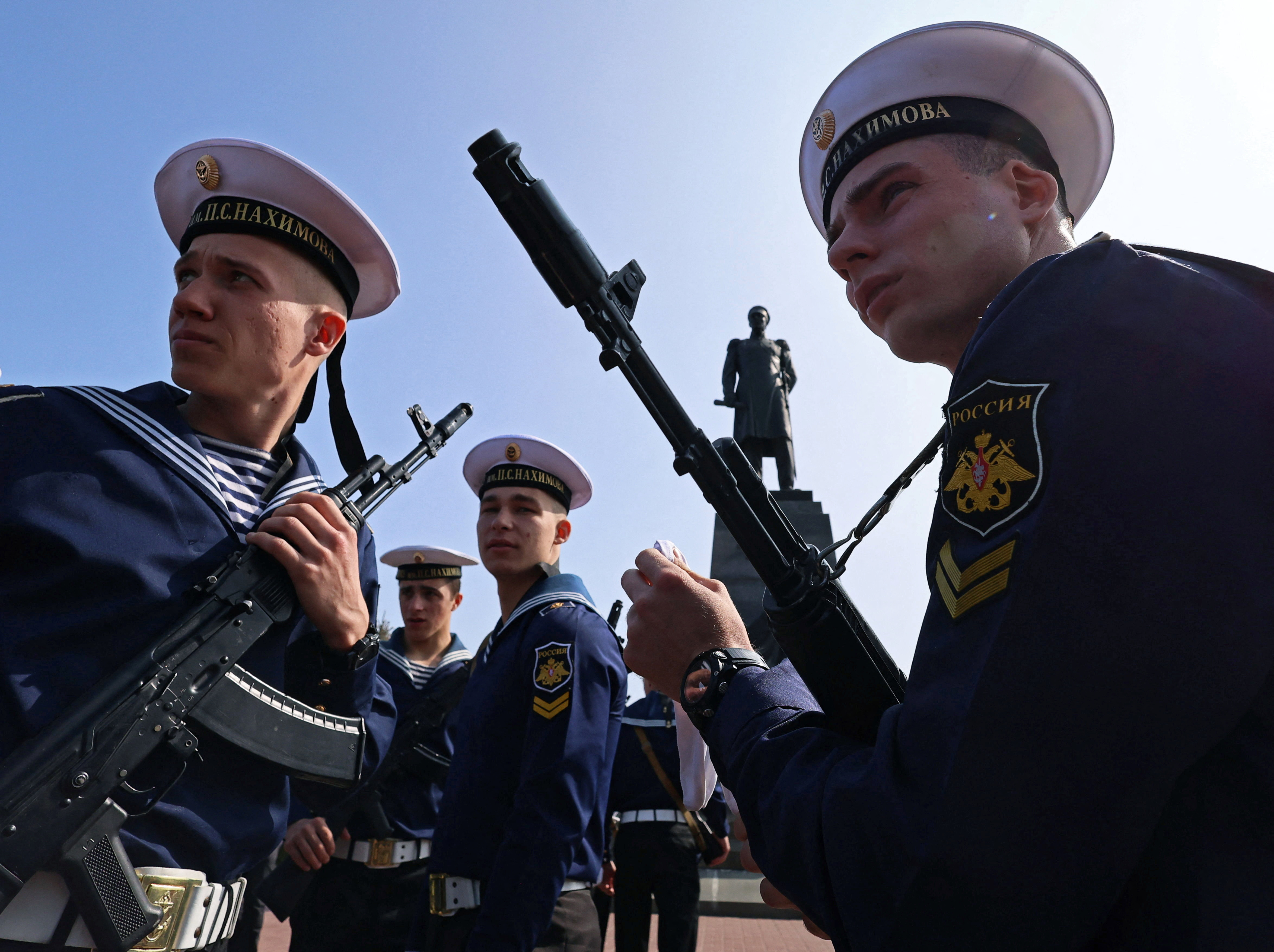Cadets of the Nakhimov naval academy take part in a ceremony marking the 240th anniversary of Russia's Black Sea Fleet in Sevastopol, Crimea, May 13, 2023.