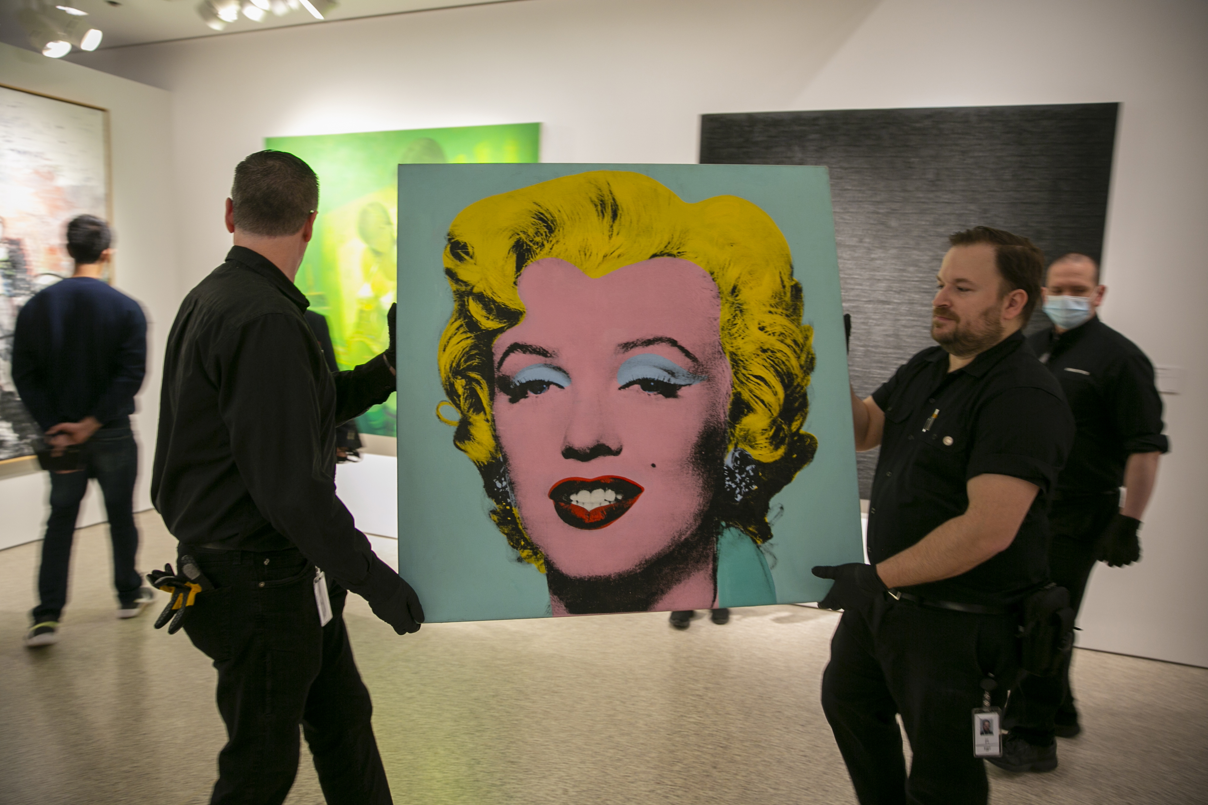 The 1964 silkscreen image Shot Sage Blue Marilyn by Andy Warhol is carried in Christie’s showroom in New York City