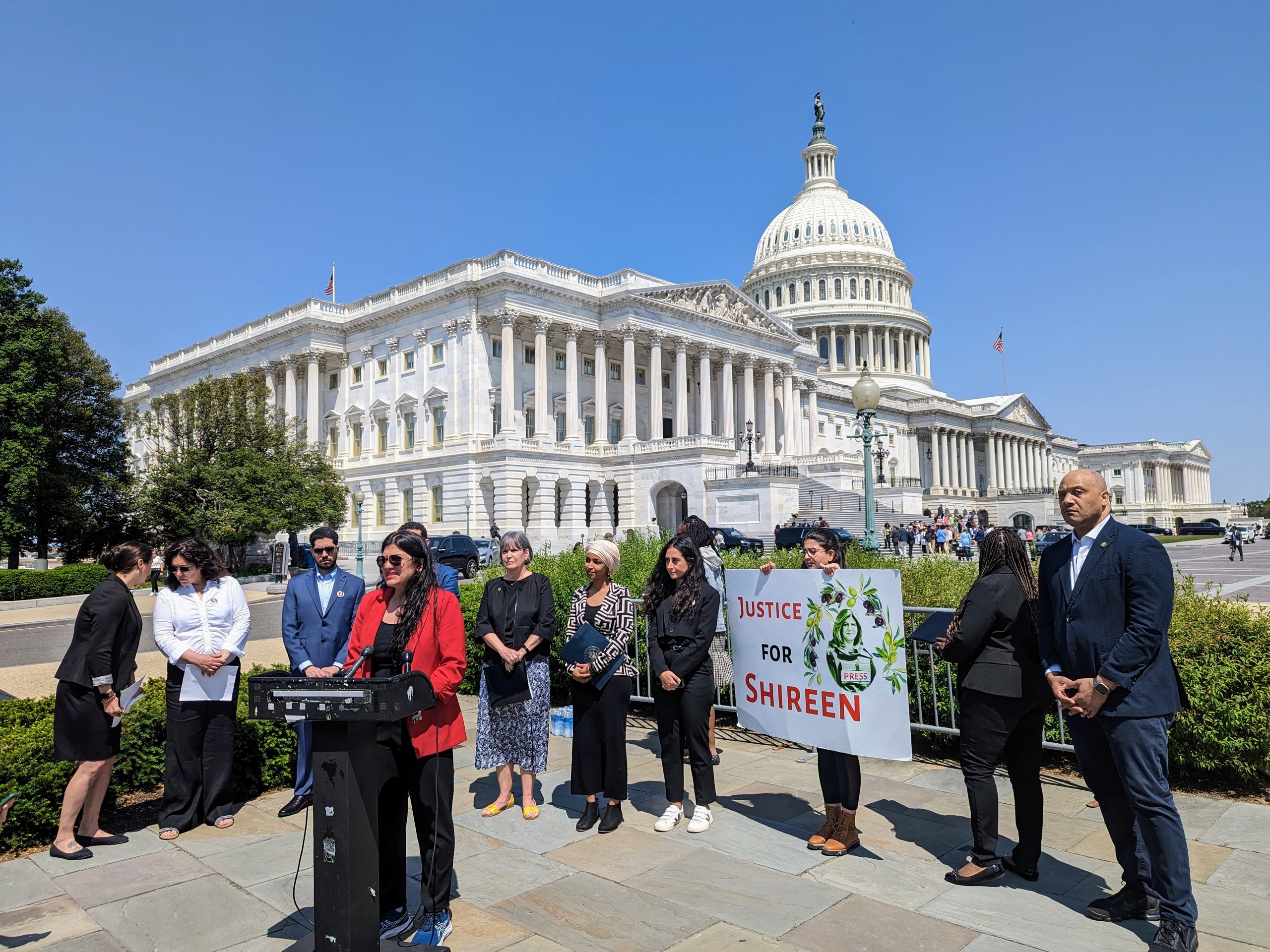 US Representative Rashida Tlaib speaks outside the US Capitol at event honouring Shireen Abu Akleh