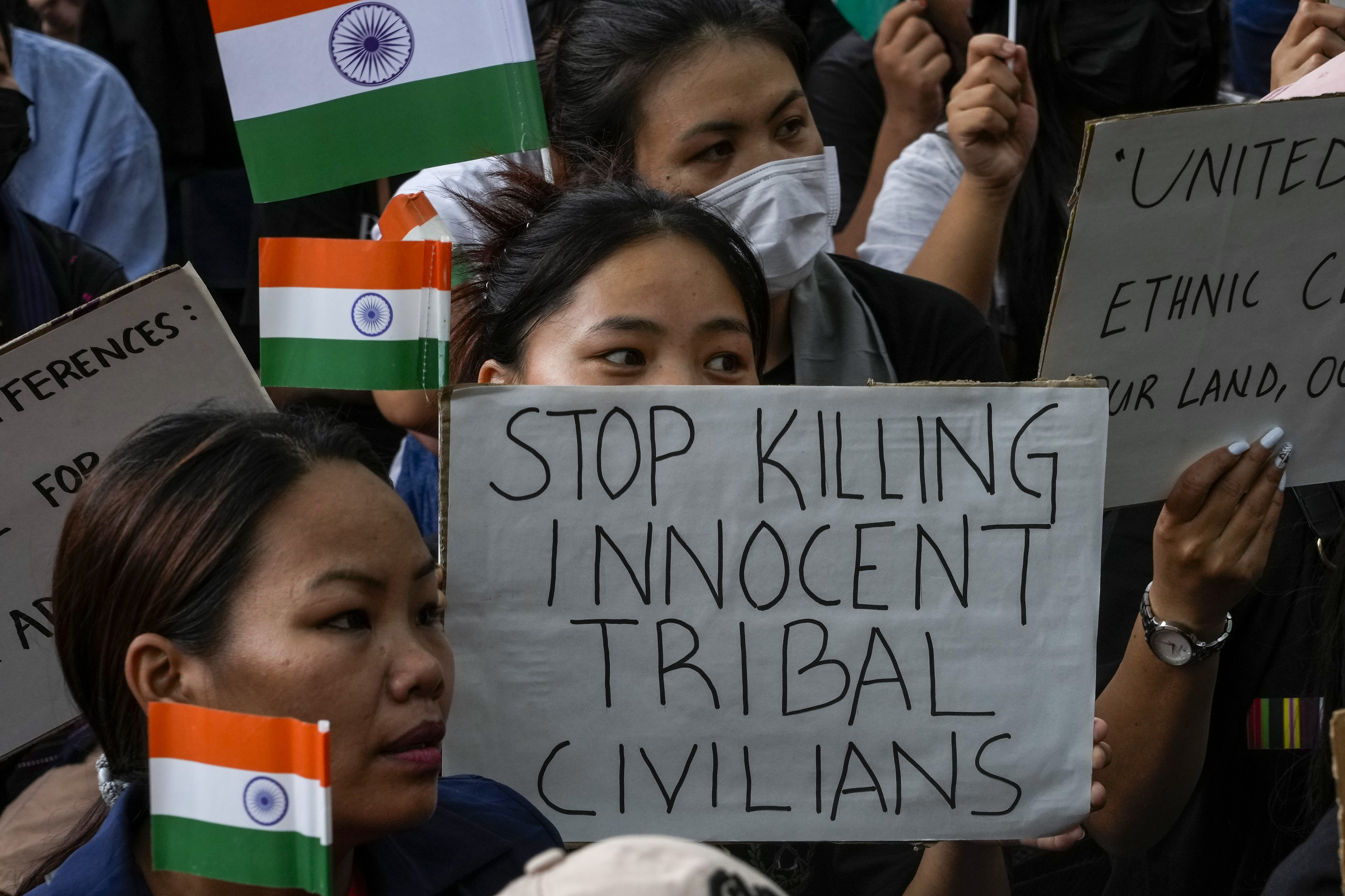 Members of the Kuki tribe protesting against the violence in New Delhi