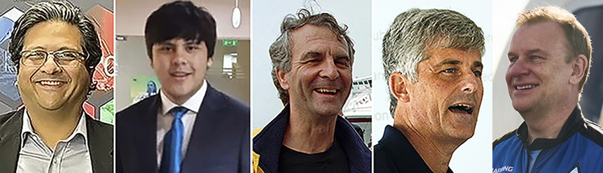 This photo combo shows from left, Shahzada Dawood, Suleman Dawood, Paul-Henri Nargeolet, Stockton Rush, and Hamish Harding 