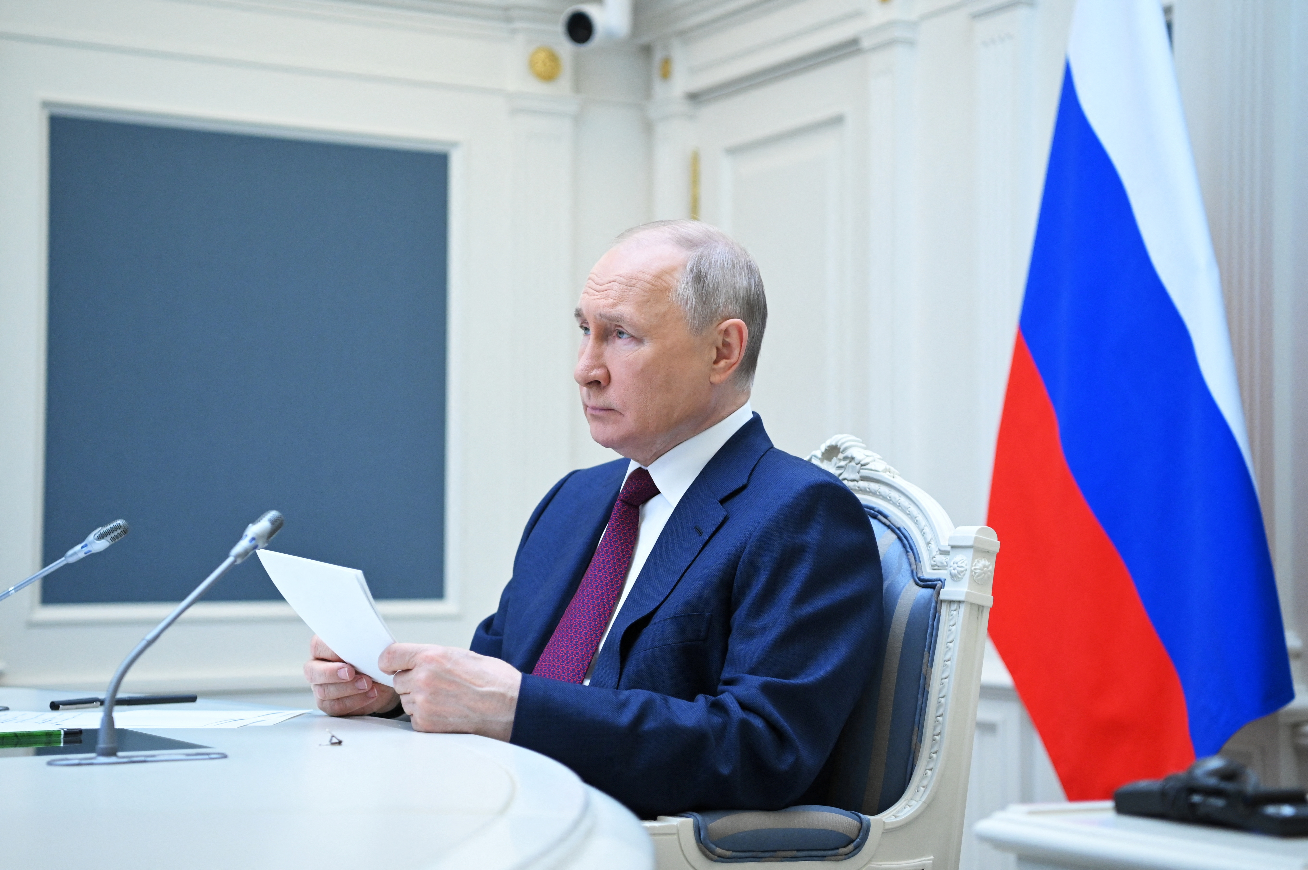 Russian President Vladimir Putin attends a summit of leaders of the Shanghai Cooperation Organisation (SCO) via a video conference call at the Kremlin in Moscow, Russia, July 4, 2023. Sputnik/Alexander Kazakov/Kremlin via REUTERS ATTENTION EDITORS - THIS IMAGE WAS PROVIDED BY A THIRD PARTY.